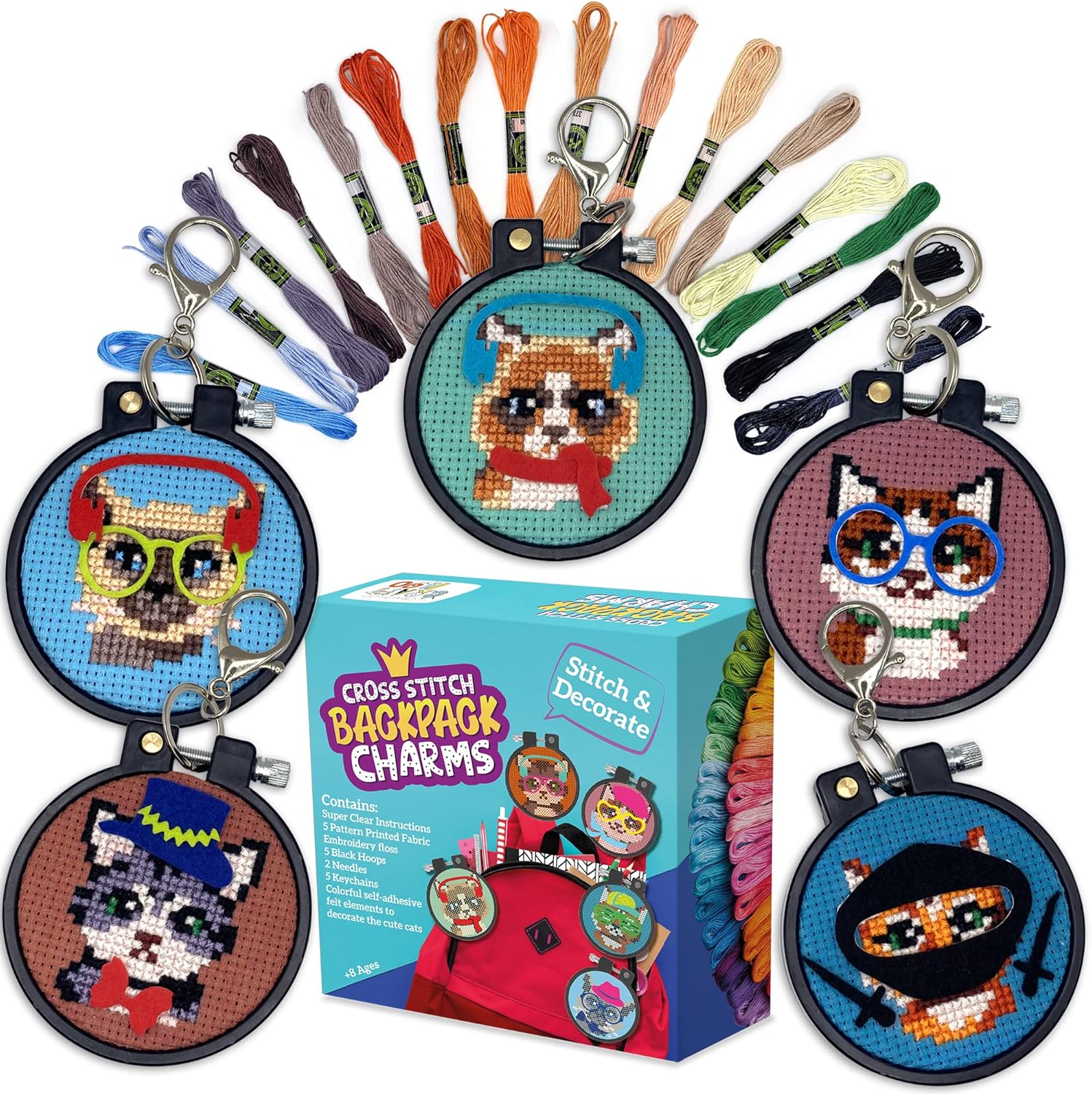 Cats 5 Stamped Cross Stitch Kits for Kids.Needlepoint Kits for Beginners. Embroidery Kit for