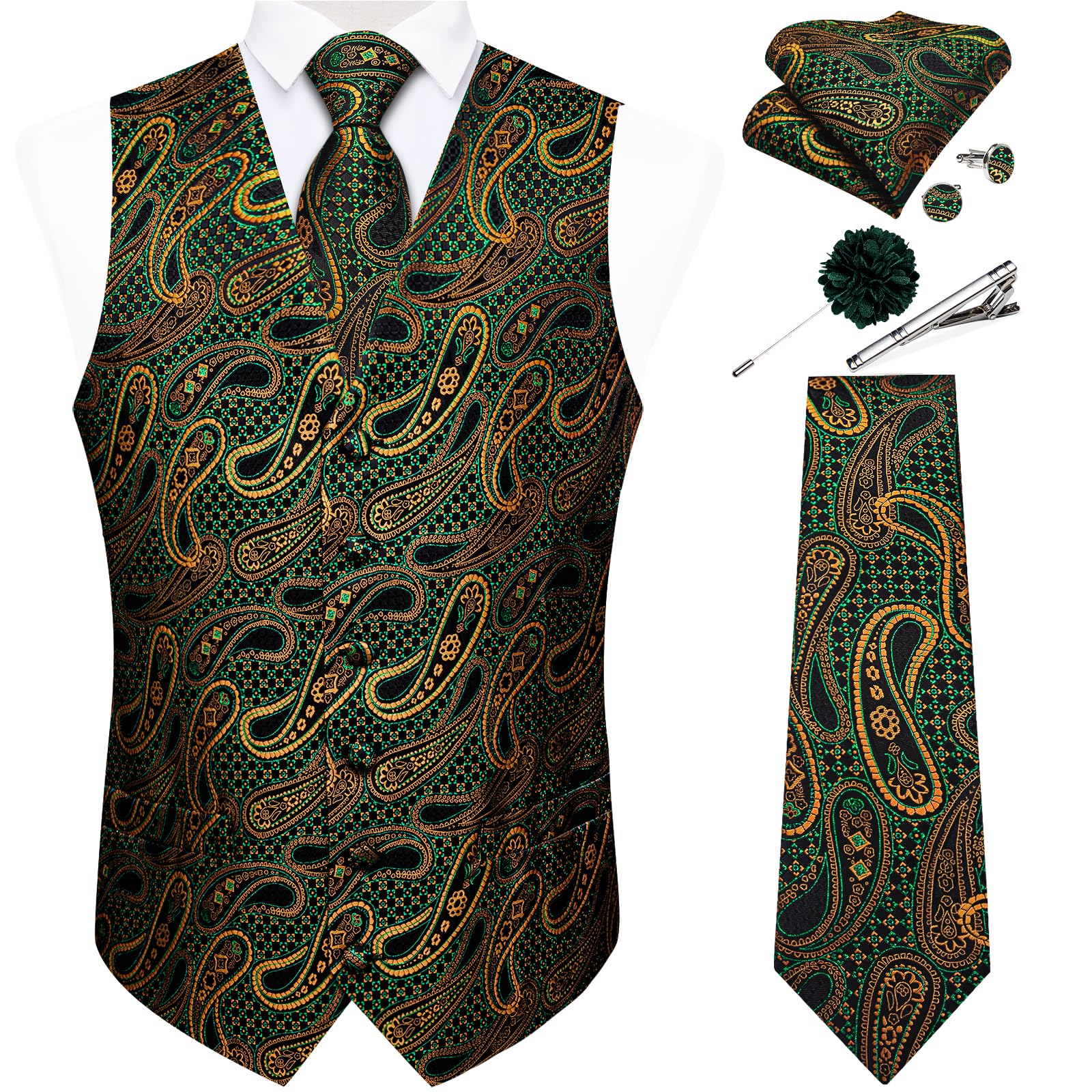 DiBanGu Mens Vest and Tie Set Formal Paisley Waistcoat and Necktie Pocket Square Cufflinks Silk Suit Vest for Tuxedo Wedding