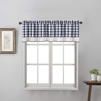 Decotex 1 Piece Buffalo Check Plaid Gingham Crochet Lace Trimmed Rod Pocket Window Curtain Valance 58" X 14", Navy/Beige