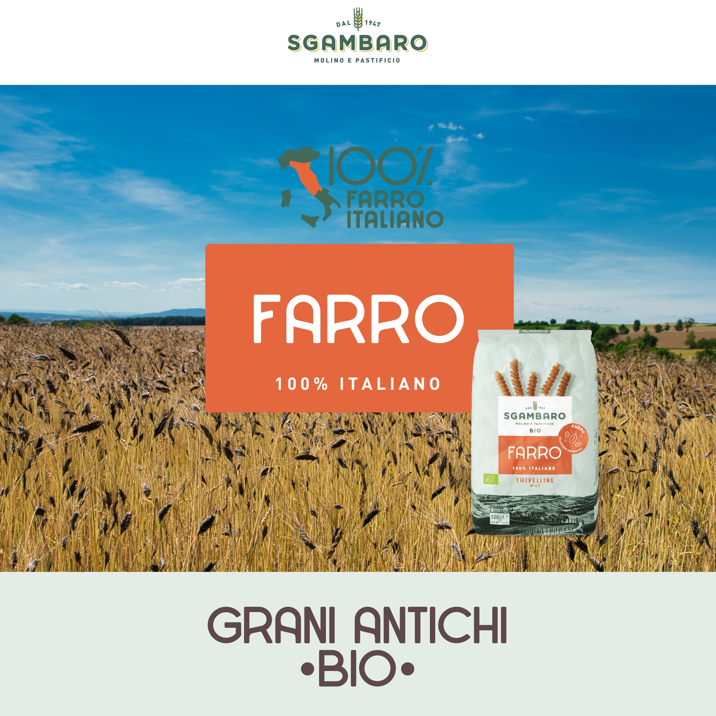 Sgambaro Pasta di Farro Selezione Bio Trivelline N.47 - 16x500g Pasta Farro 100% Italiana - a Basso Contenuto di Grassi, Fonte di Fibre, Proteine e Zinco - Ideale per Diete Sane e Naturali