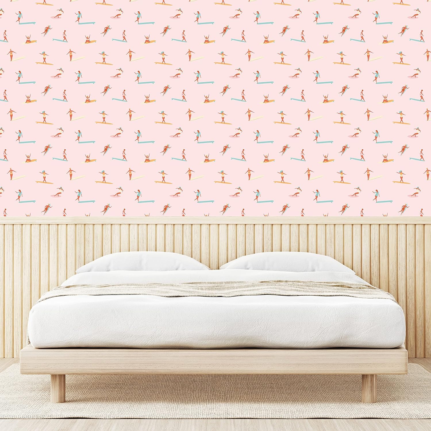 Lunarable Retro Peel & Stick Wallpaper for Home, Surfer Girls Silhouettes in Swimsuits Summer Extreme Sports Pastel Background, Self-Adhesive Living Room Kitchen Accent, 13" x 36", Pale Pink Cinnamon