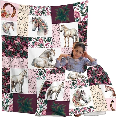 BUYYET Manta de franela de vellón a cuadros con estampado de caballos, manta de caballo para niñas y mujeres, regalos para amantes de los caballos,