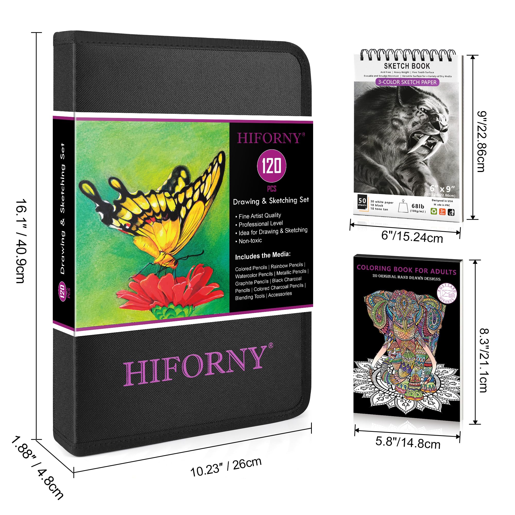 HIFORNY 120-teiliges Zeichen-Set, Künstlerbedarf mit 3 Farbskizzenbüchern, Malbuch, Regenbogen, Aquarell, Metallic, Graphit, Schwarz und Bunt, Mischwerkzeuge und