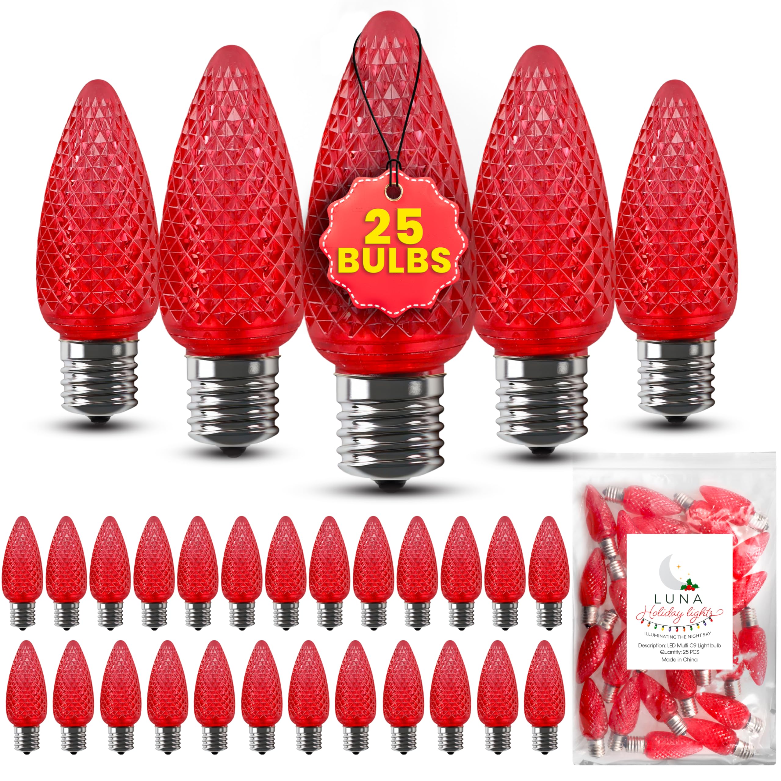 Luna Holiday Lights C9 Red LED Bulb, 25 Pack, Replacement Christmas, Dimmable Bulbs, Faceted, 2SMD per Bulb, E12 Commercial Grade.