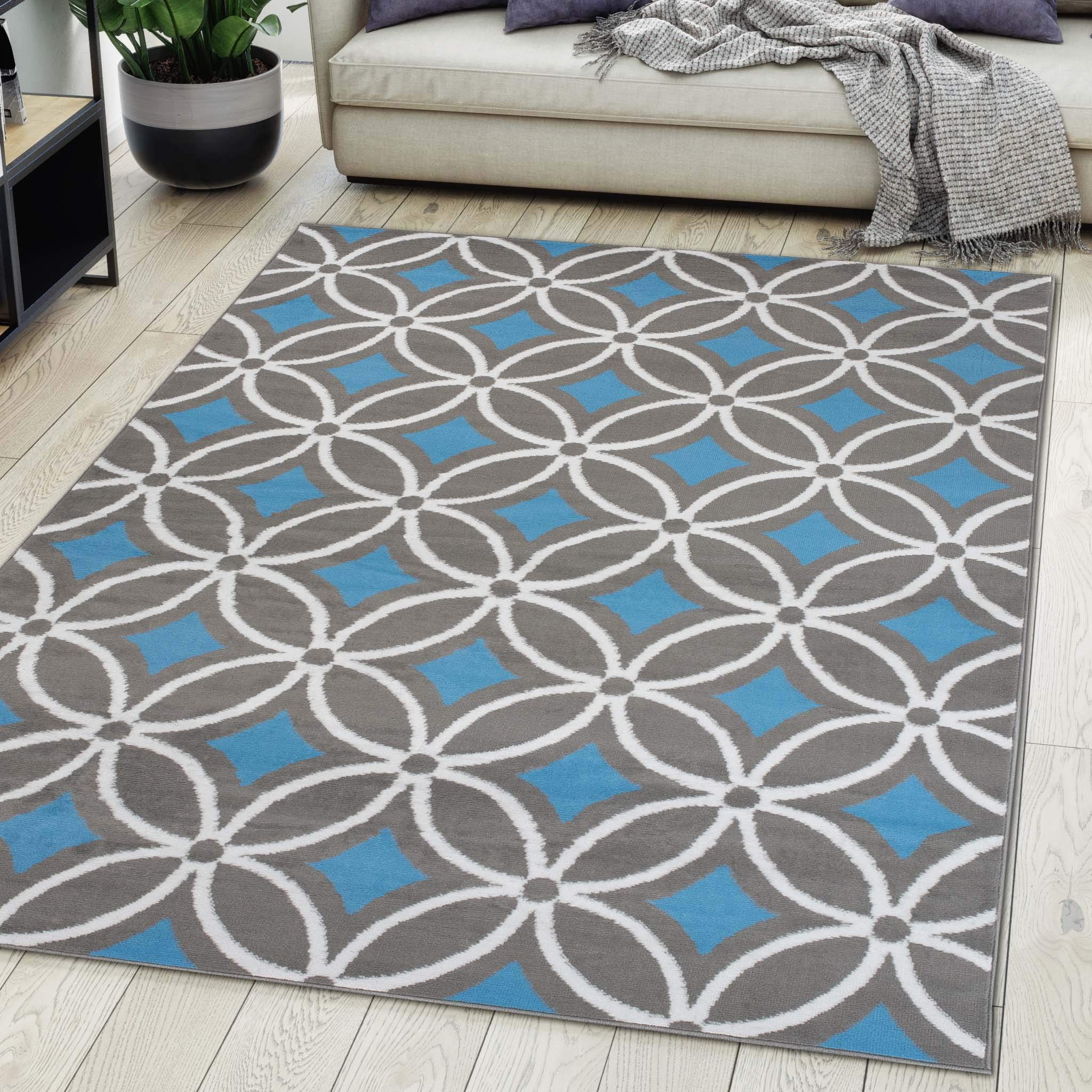 Carpeto Grand Tapis Salon 180x250cm Anthracite Bleu Géométrique Doux Gris