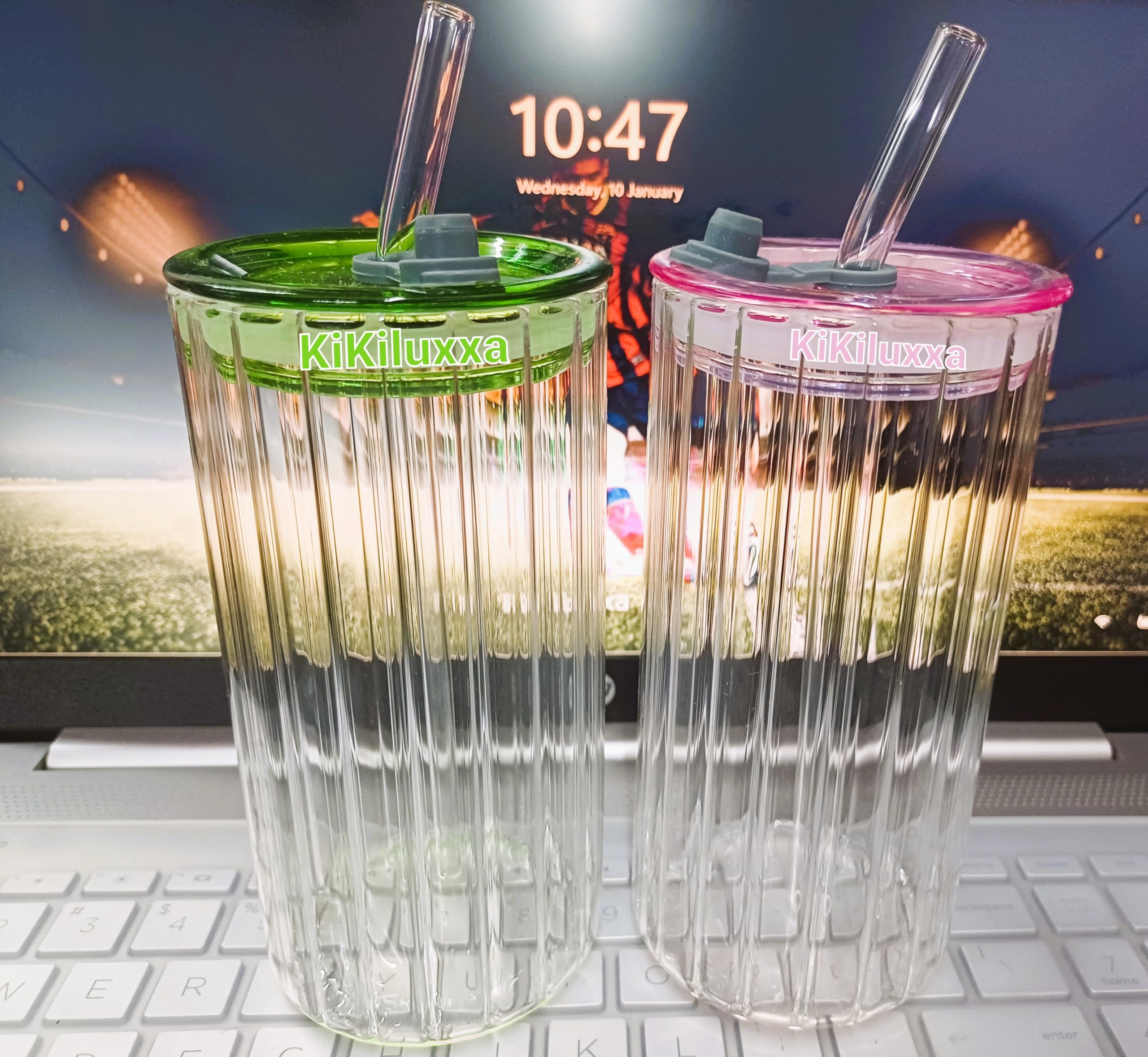 KiKiluxxa Coffee Sipper Glass Mug with Straw Green Tea Sipper Tumbler Mug with Lid - 540ML-Pack of 2- Travel Mug, Drinking Glass, Mason jar, Can Sipper,Milk Mug,Juice Cup (Phuket Can 2)