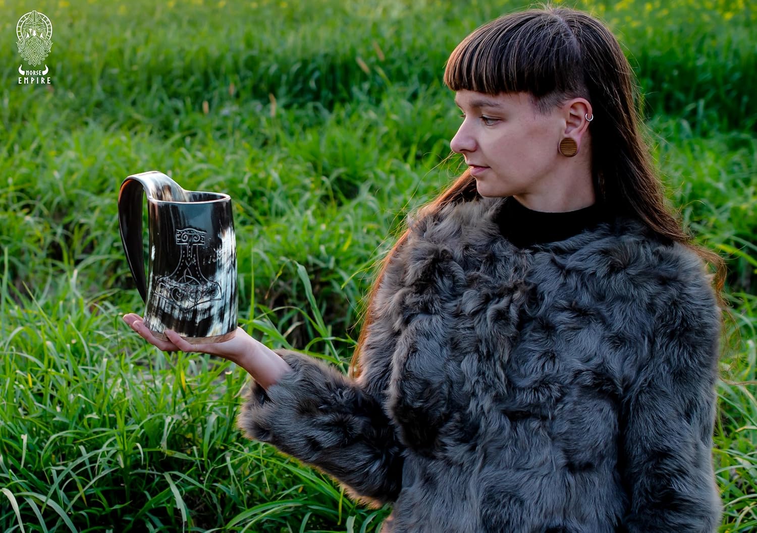 Viking OX Horn Mug,16–20oz (Worthy Mjolnir) Ox Horn Cup & Coffee Stein | Stylish & Handmade Present for Men and Women, Home Accessories | Shot Glasses for Mead, Ale, Whisky and Beer Cup…
