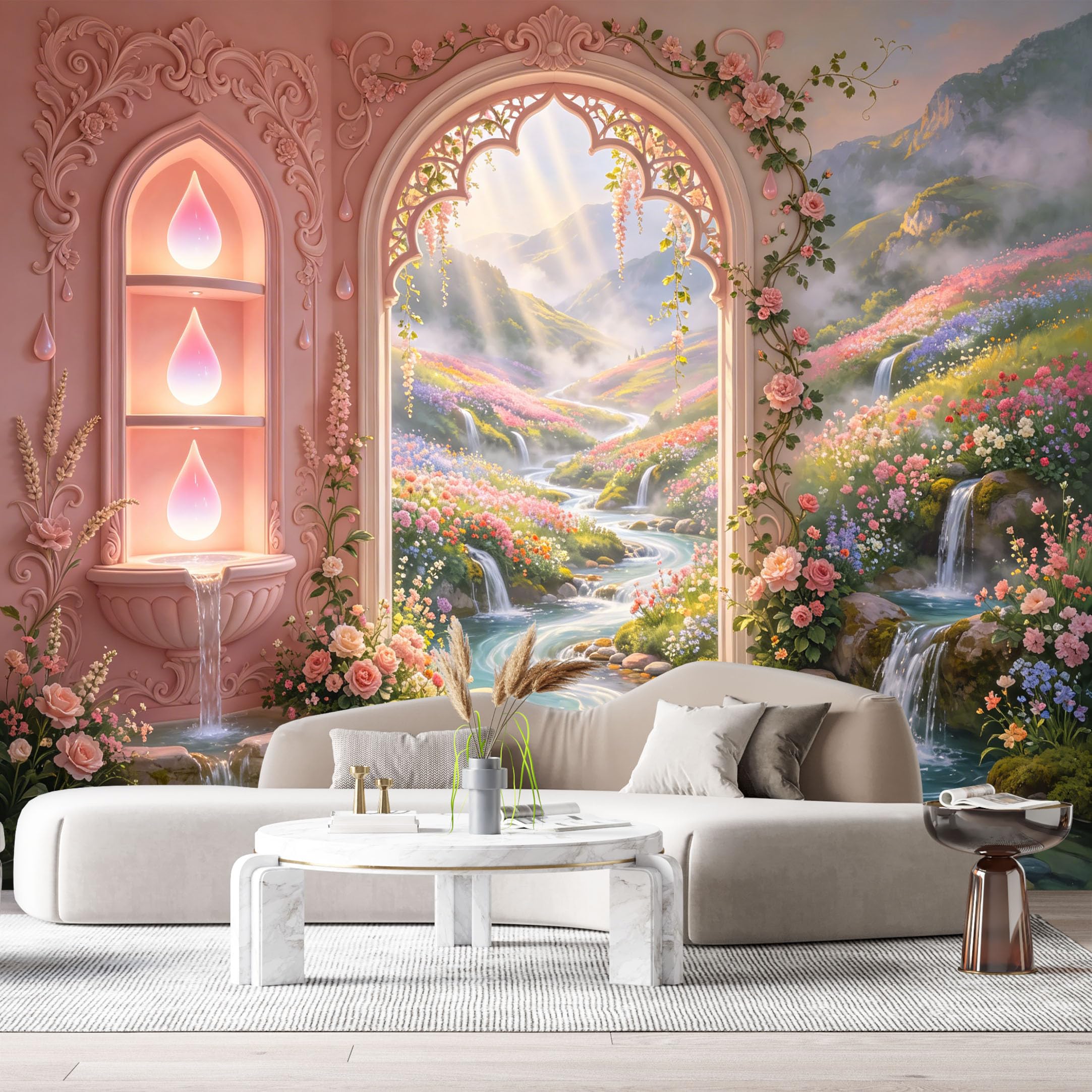 Custom Size Wall Murals Fantasy Garden Archway Glowing Orbs 3D Trompe L'Oeil SelfAdhesiveWall Fabric Removable Wallpaper Wall Decor for Living Room Bedroom Bathroom