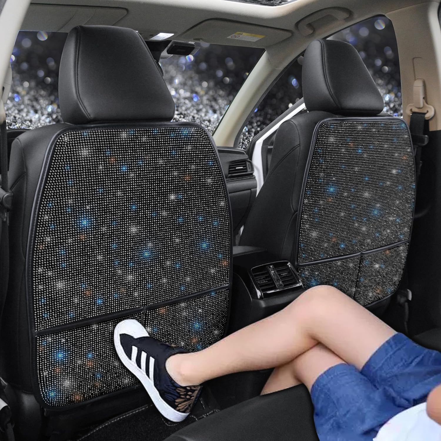 Diamond Bling Car Seat Kick Mats with Storage – Back Seat Protectors with Sparkly Rhinestones for Girls & Women, Crystal Kick Covers for Automotive Interior Accessories Black 2pcs