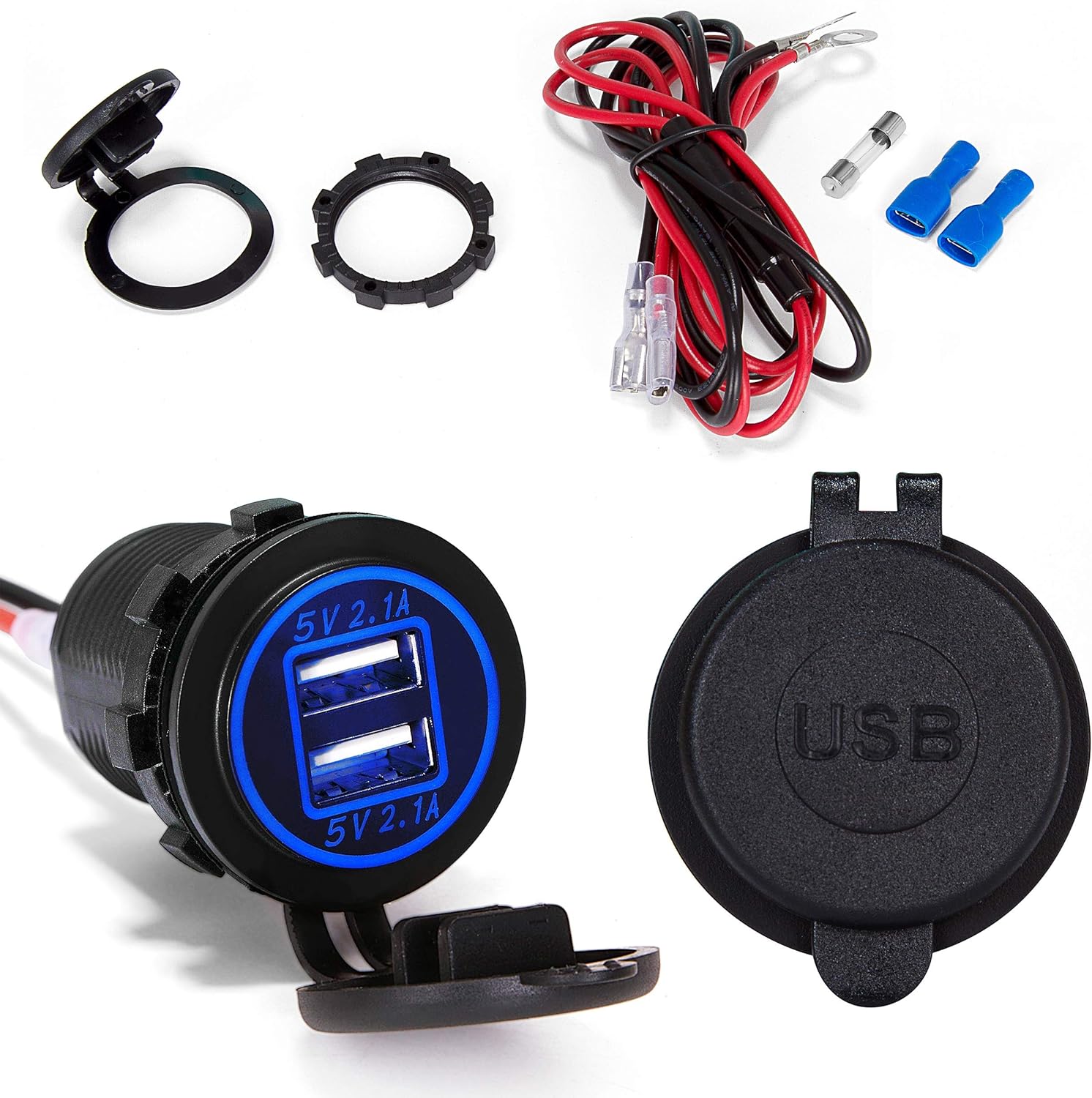 Limited Ginsco Dual USB Charger Socket Power Outlet 2.1A & 2.1A（4.2A） for Car Boat Marine RV Mobile with Wire Fuse DIY Kit Blue LED