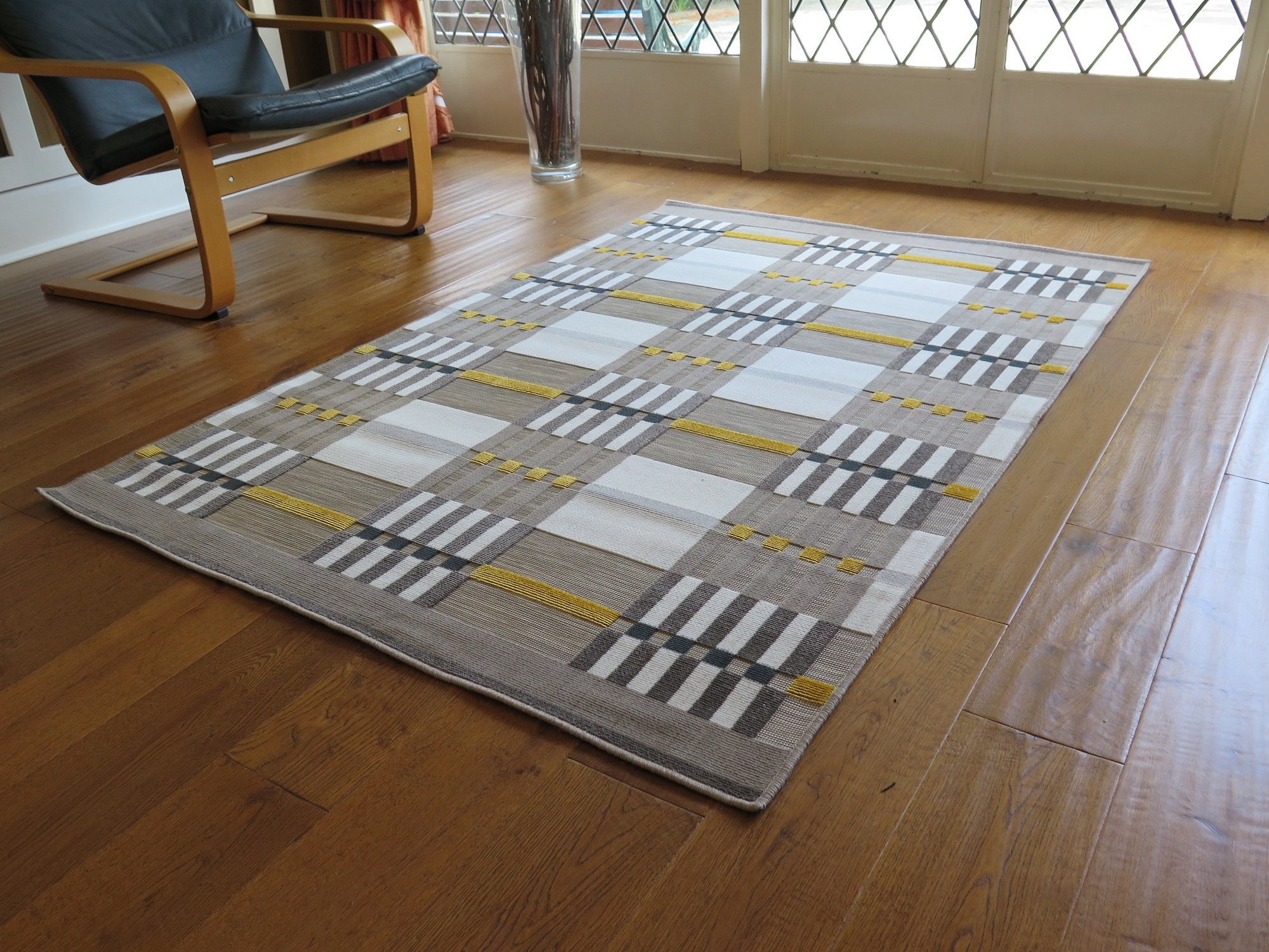 ASPECT Golden Cascade Tapis à Carreaux géométriques/Rayures (Moutarde/Gris/crème/Beige, 120 x 170 cm)