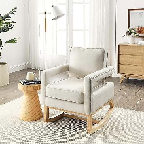 Miniatura 1 de Mecedora moderna de terciopelo, tapizada con respaldo alto movible y base de madera maciza, sillón individual para sala de estar, dormitorio,