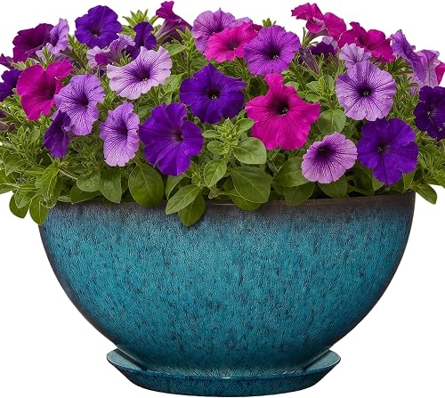 Rosie Planter Bowl, with Drainage and Saucer, 10” Indigo Speckle | Hand-Painted Finish Plant Pots, Lightweight Indoor Outdoor Planter, UV-Resistant, Great for Patio, Home & Garden Decor Accent