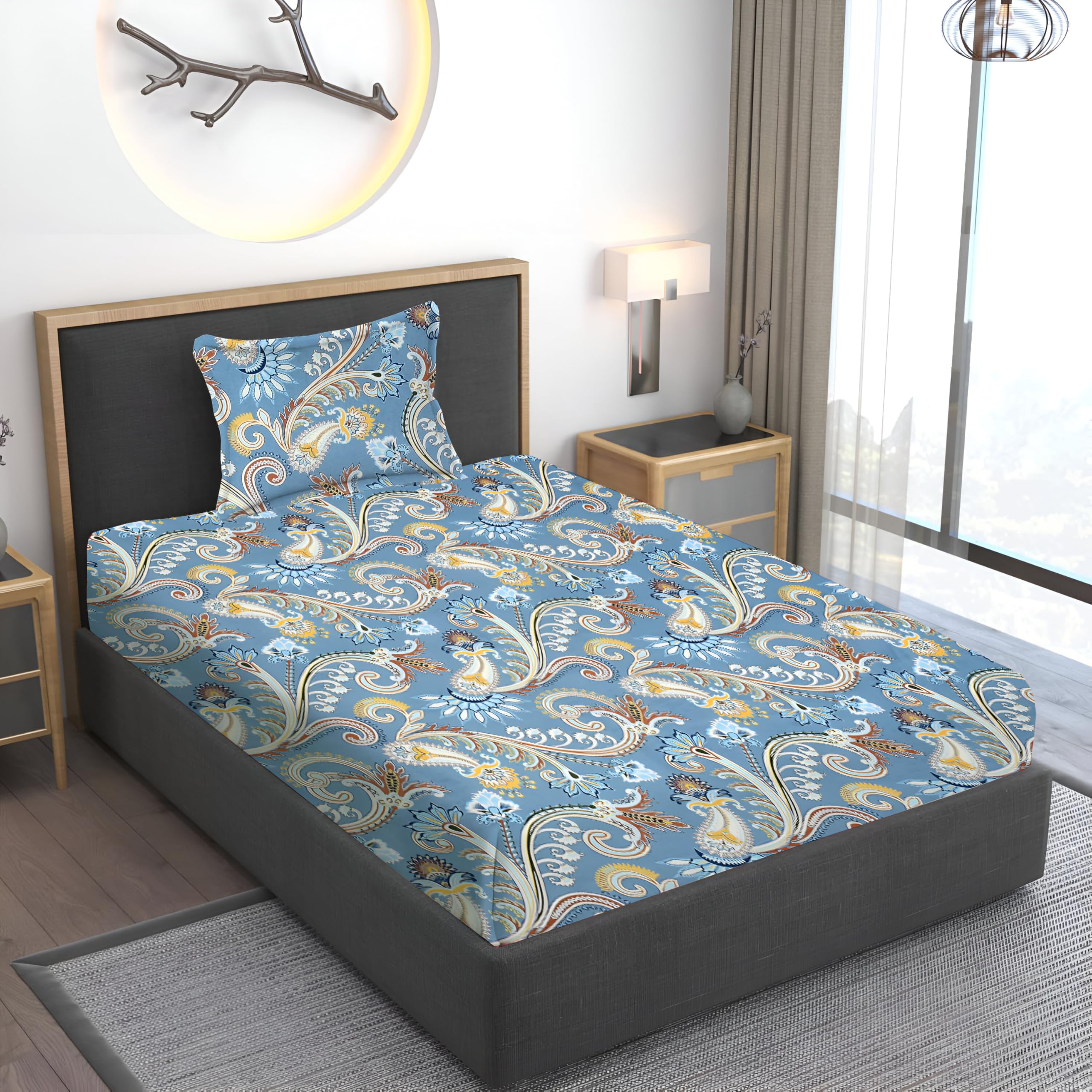 IVAZA Cotton Feel Floral Printed Bed Sheet Set - Wrinkle-Free Single Size With Pillow Cover, Hypoallergenic (60x90 Inches, Grey Dark) - View #3