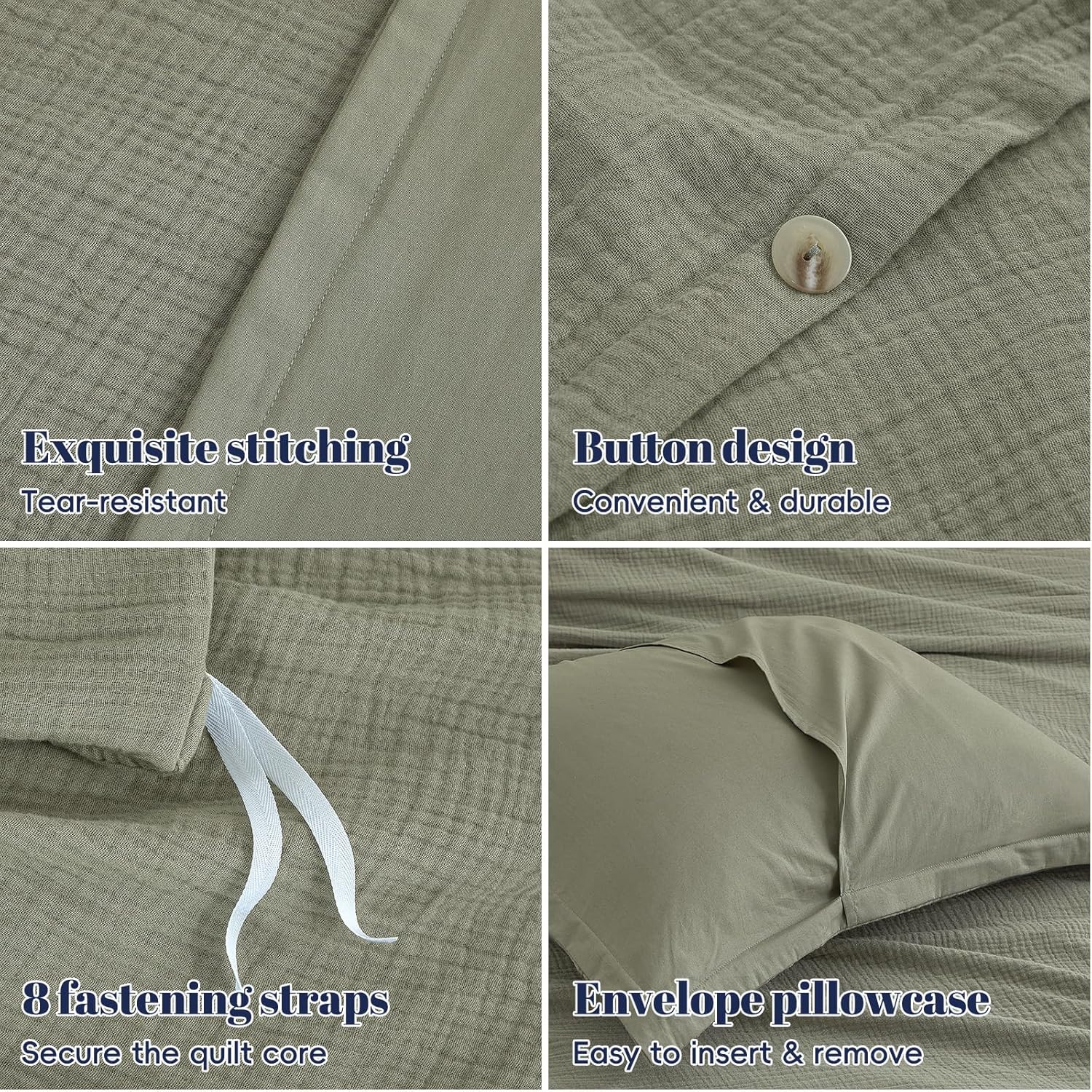 PHF Cotton Muslin Duvet Cover King Size, 3-Layer Ultra-Soft Lightweight Breathable Guaze, Skin-Friendly Minimalist Comforter Cover Set for All Season, with 2 Pillow Shams, 104"x90", Dusty Sage