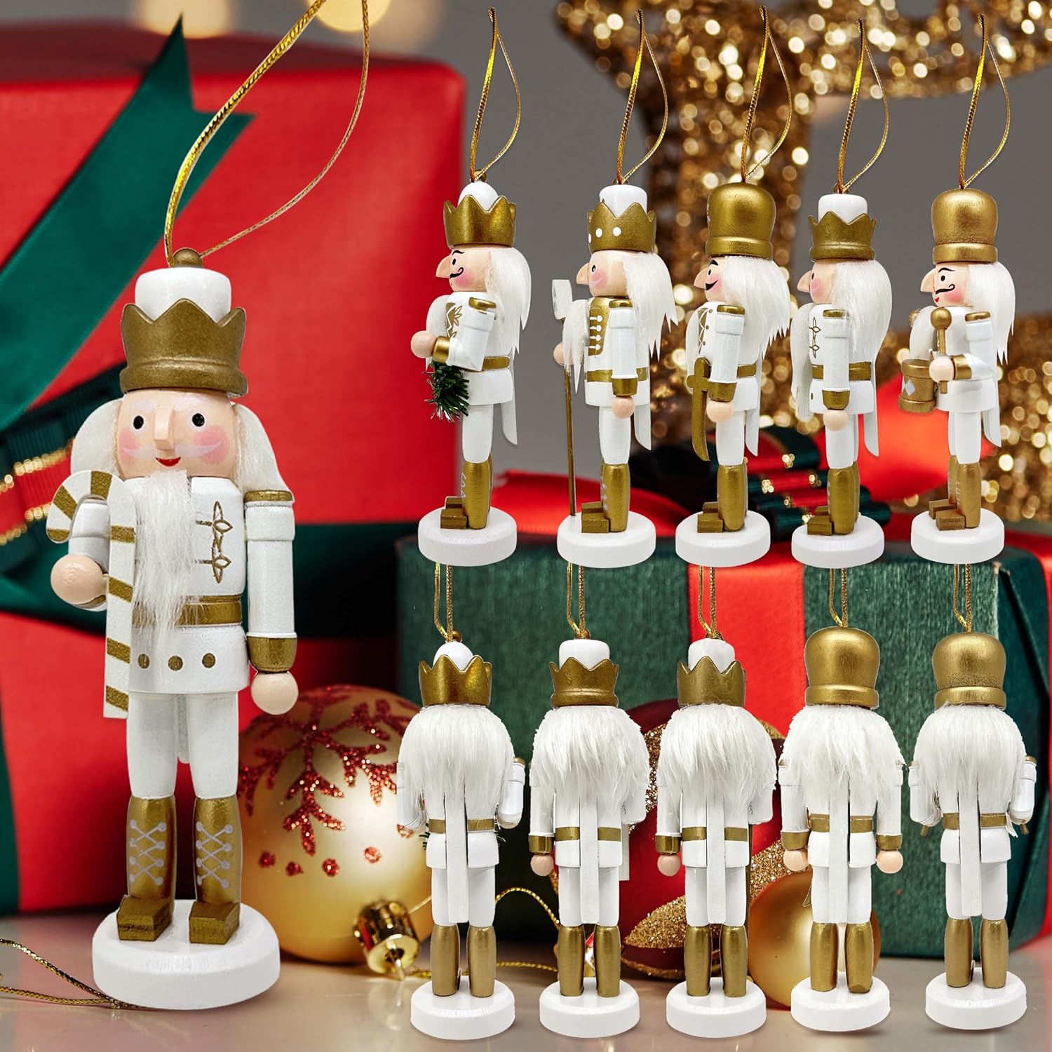Mini Nutcrackers Figures Wooden Christmas Decor, Hanging Nutcracker Ornaments for Xmas Tree, Wood Nut-Crackers Christmas Decorations for Festival Party (Gold, 5PCS)