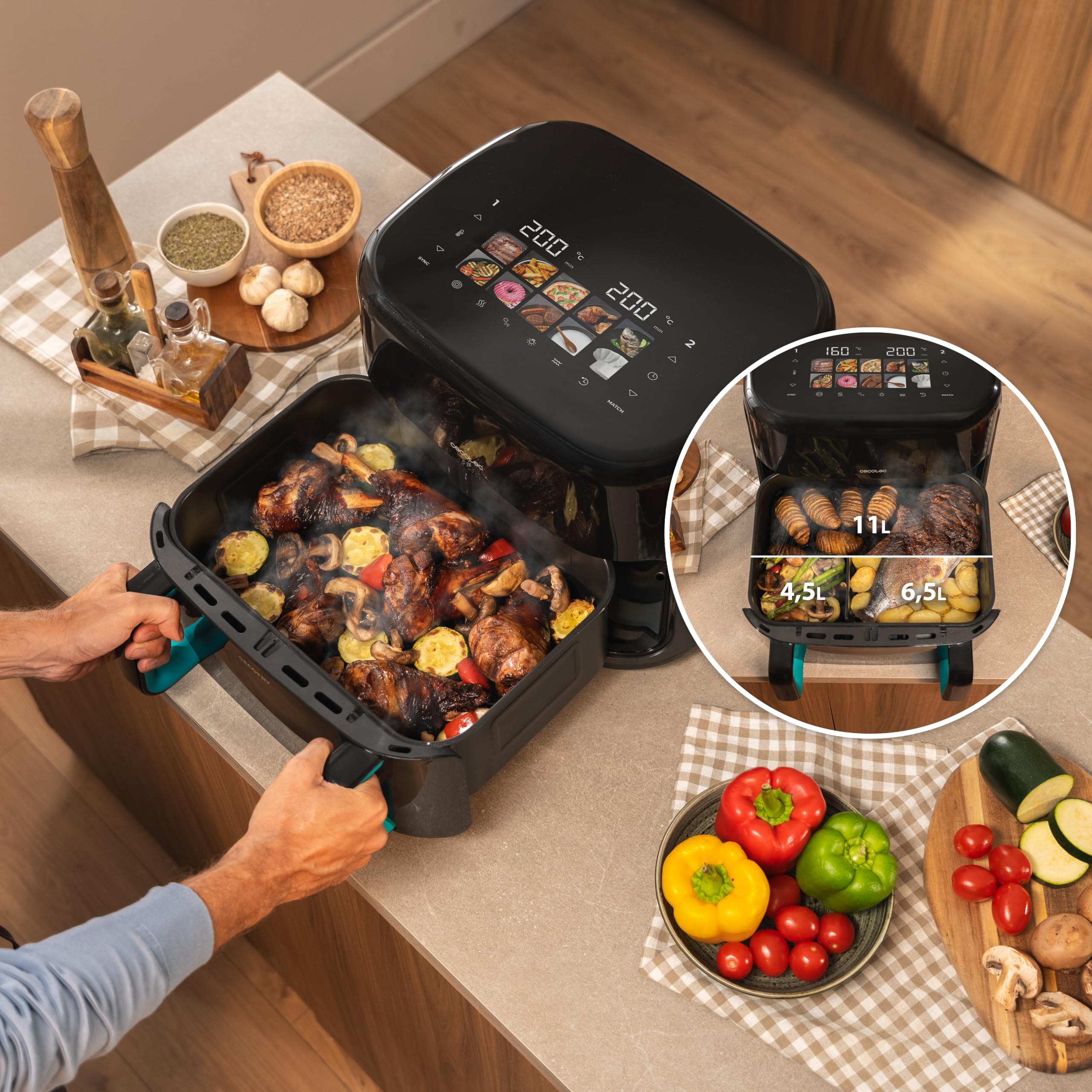 Cecotec Friggitrice ad Aria 10L - Air Fryer Cecofry&Grill Smokin'Prime 11000. 2800W, 3in1: Friggitrice, Grill, Piastra. Affumicatore integrato, Parete divisoria, Temp 40-200°C, Cottura uniforme