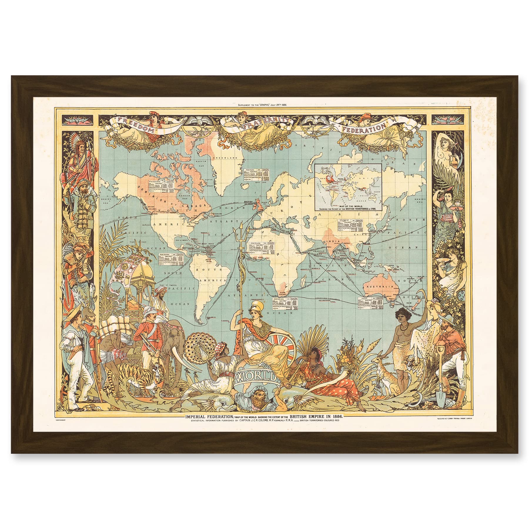 Artery8 Crane 1886 Pictorial Map British Empire World Colonial Brittania Artwork Framed Wall Art Print A4