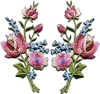 TKPatch Mauve Pink Roses Boho Floral Bouquet Embroidered Iron-On Patches - Pair of Appliques for Jeans, Jackets, Bags