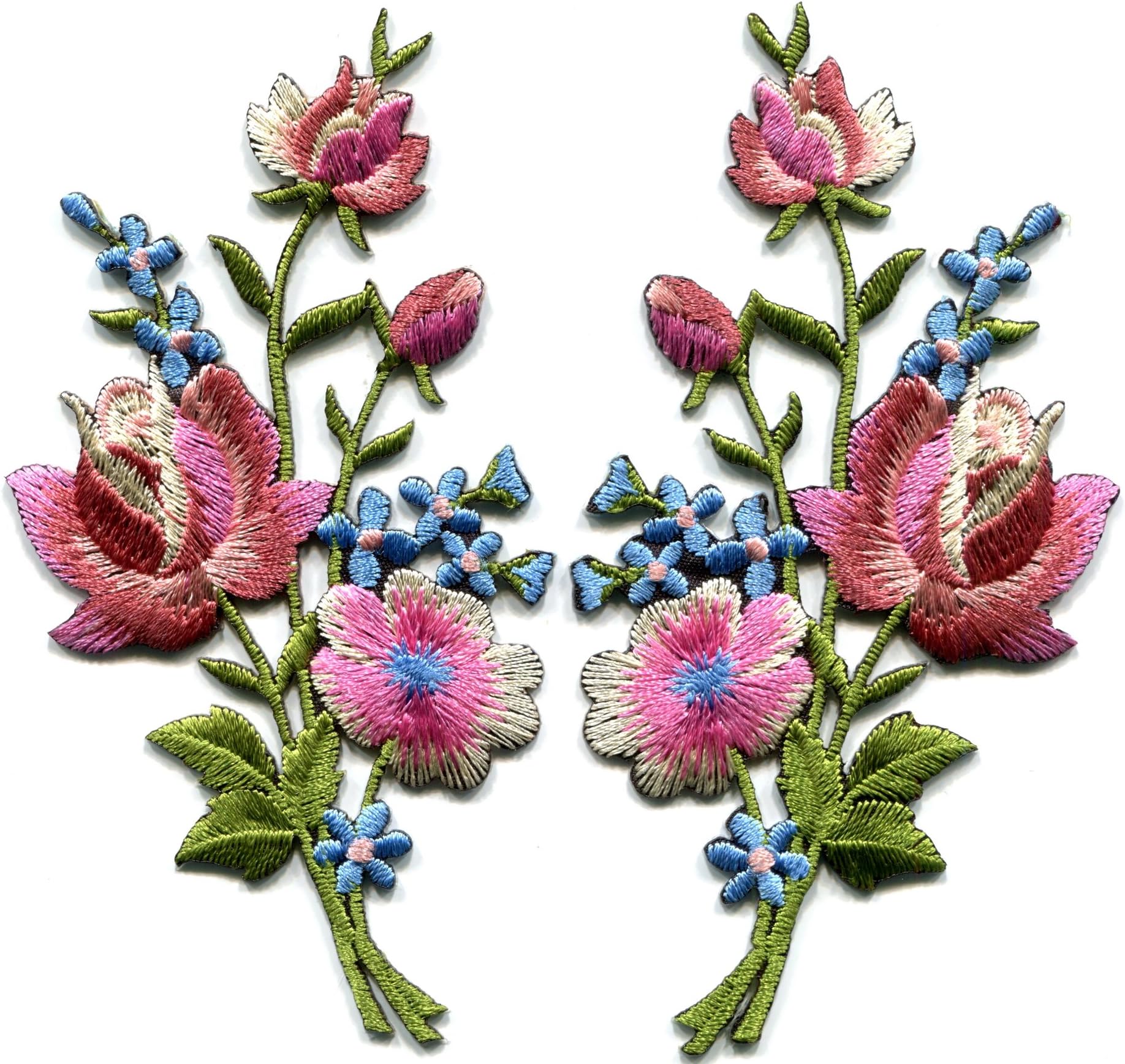 Mauve Pink Roses Pair Flowers Floral Bouquet Boho Embroidered Appliques Iron-ons Patches New