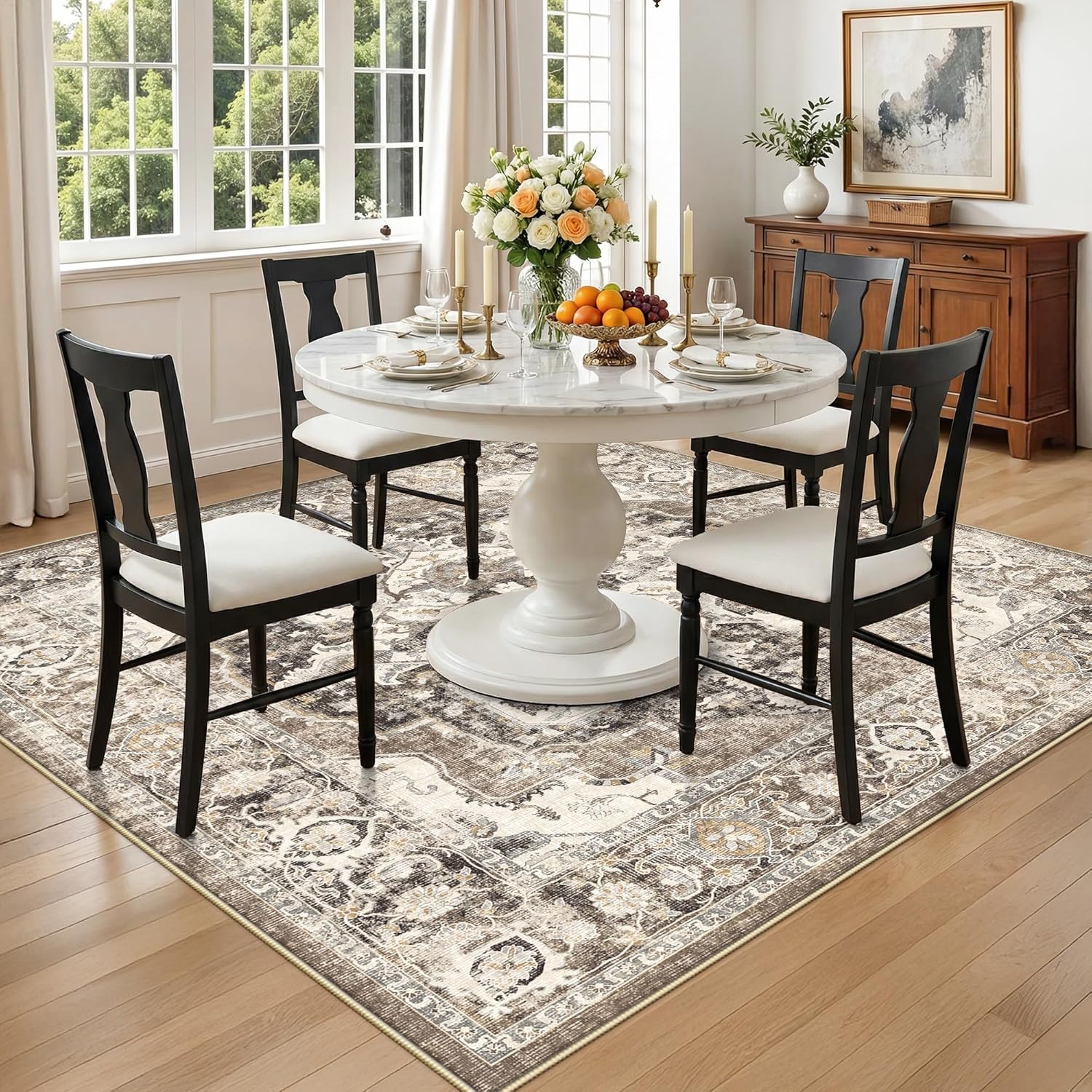 YOUFORTONG Living Room 7x7 Square Rug: Vintage Washable Non-Slip Area Rugs with Rubber Backing for Bedroom Nursery Soft Thin Stain Resistant Carpet Floor Decor Mat for Dining Room Kitchen (Beige, 7X7)