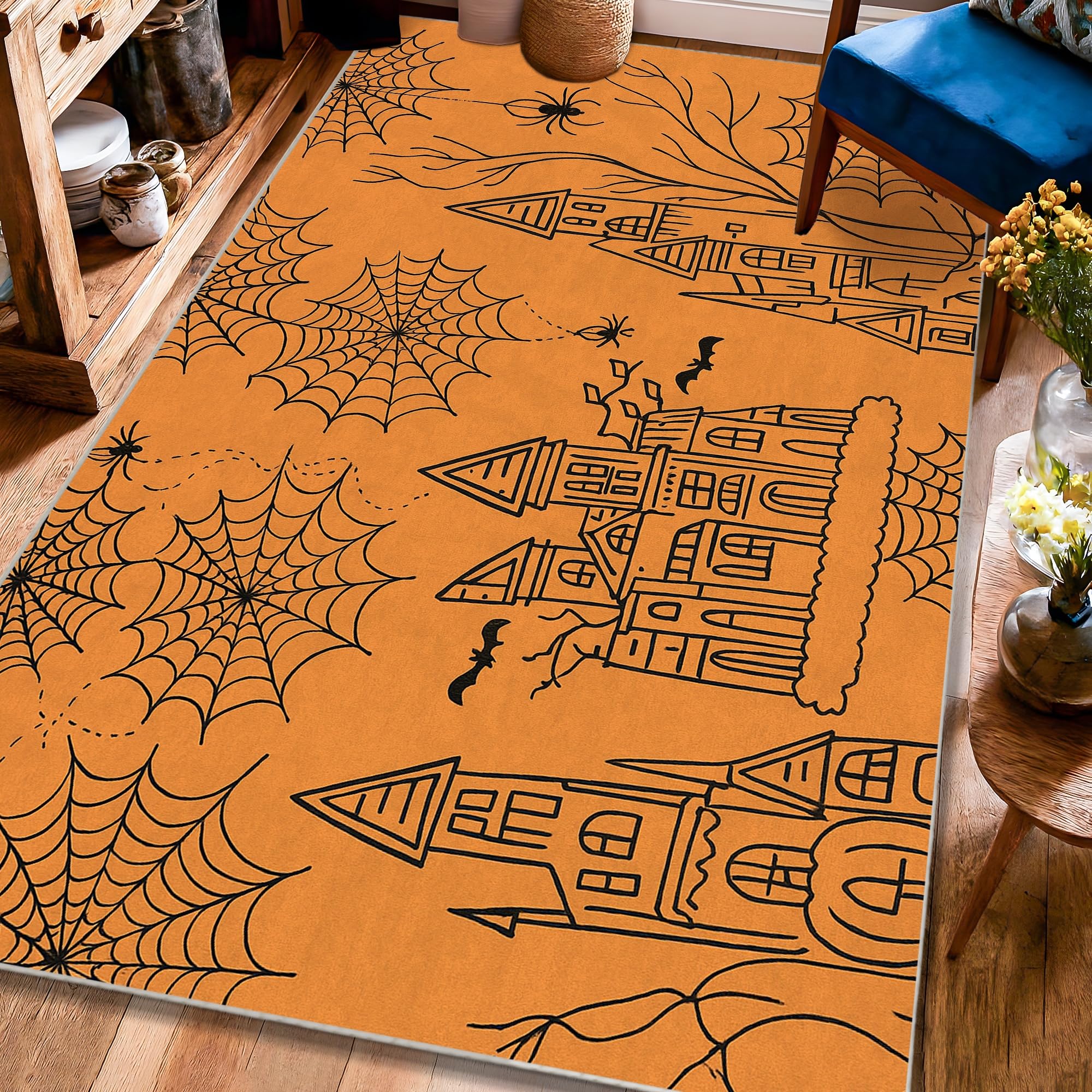Tapis d'Halloween en toile d'araignée rectangulaire facile à nettoyer pour salon