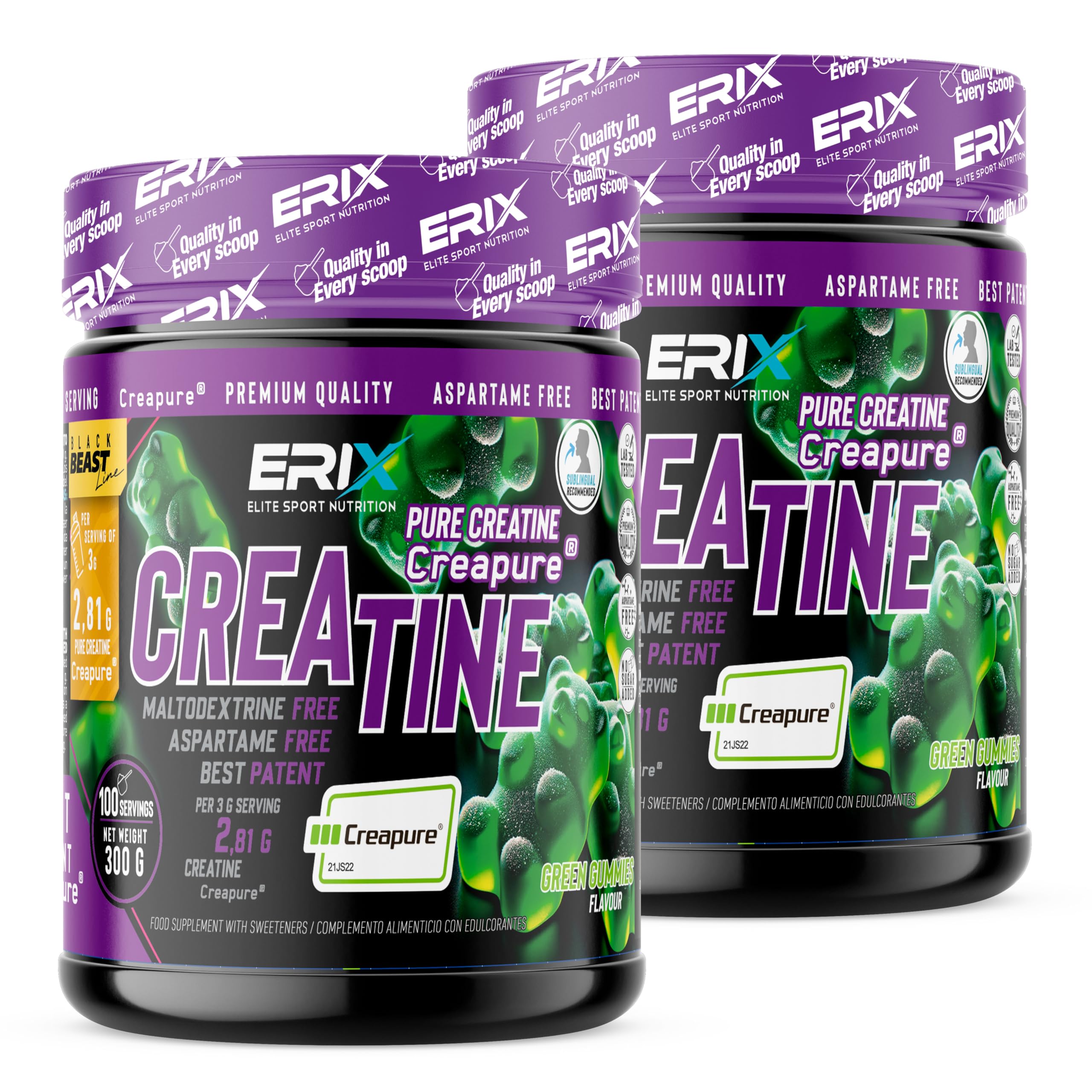 ERIX Nutrición Pack 2x 300g Creatina Creapure en Polvo, Suplemento Deportivo Micronizado para Aumento de Fuerza, Rendimiento y Masa Muscular (Green Gummies)