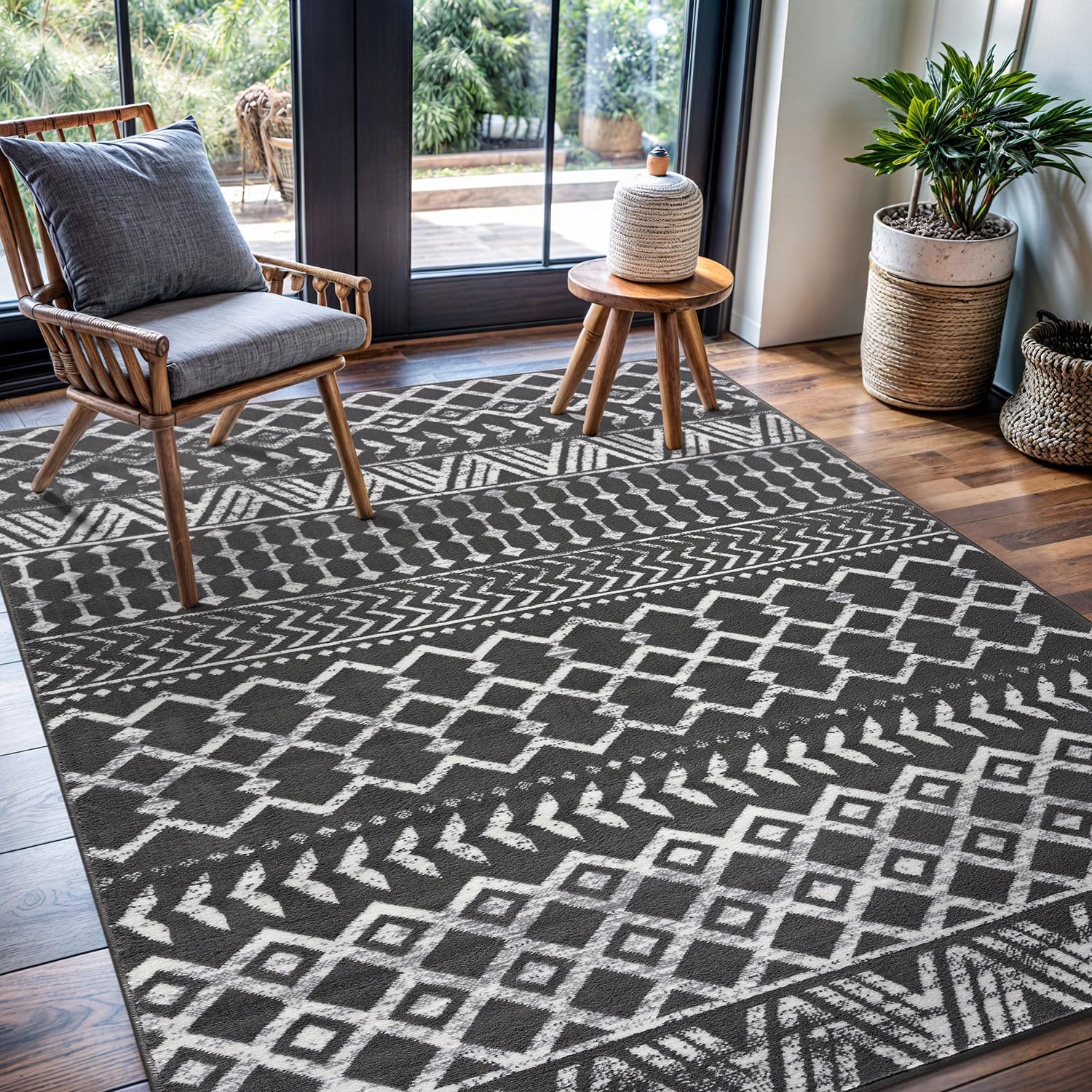 CAMILSON Boho Moroccan Dark Gray Rug Geometric Diamond 6x9 Area Rugs for Living Room Bedroom Kitchen Modern Bohemian Soft Stain Resistant Non-Shedding Indoor Carpet (6 x 9 Dark Grey and Cream)