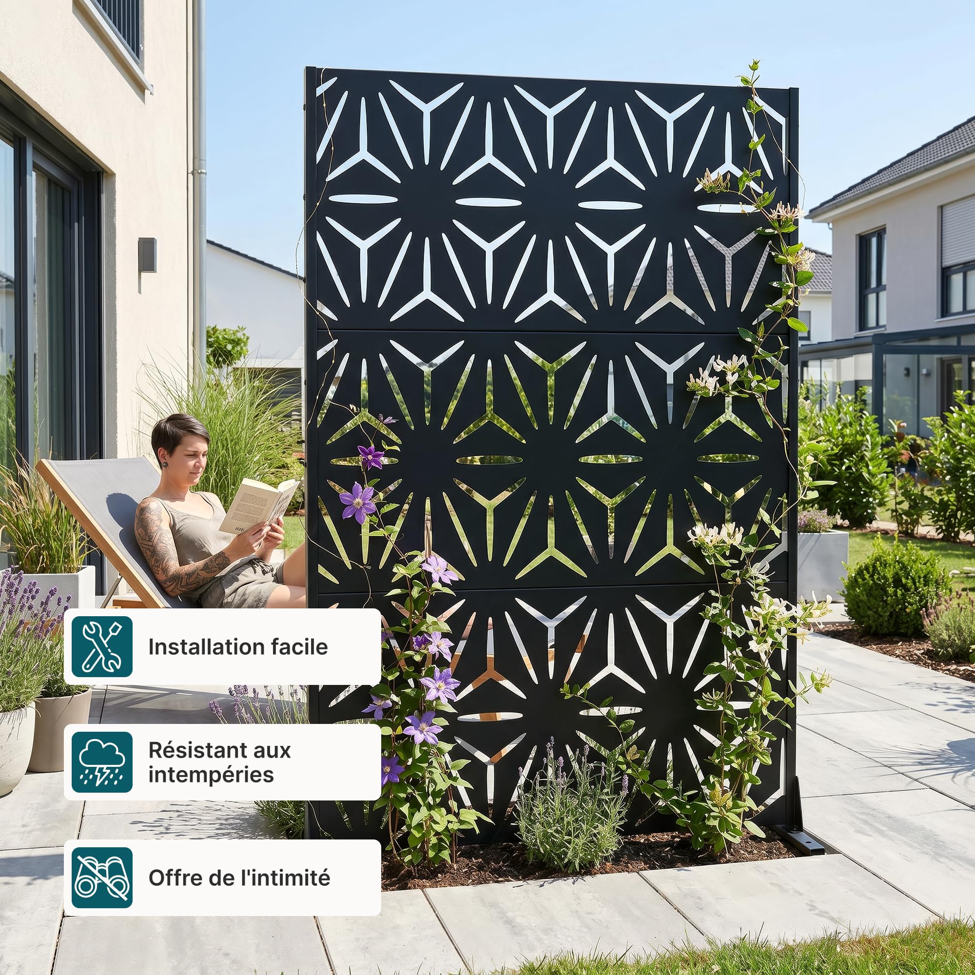 casa.pro Paravent Kilsturd Cloison de Séparation 180 x 120 x 40 cm Clôture Décorative Esthétique pour Extérieur et Intérieur Délimitation d'Espaces Jardin Terasse Acier Noir
