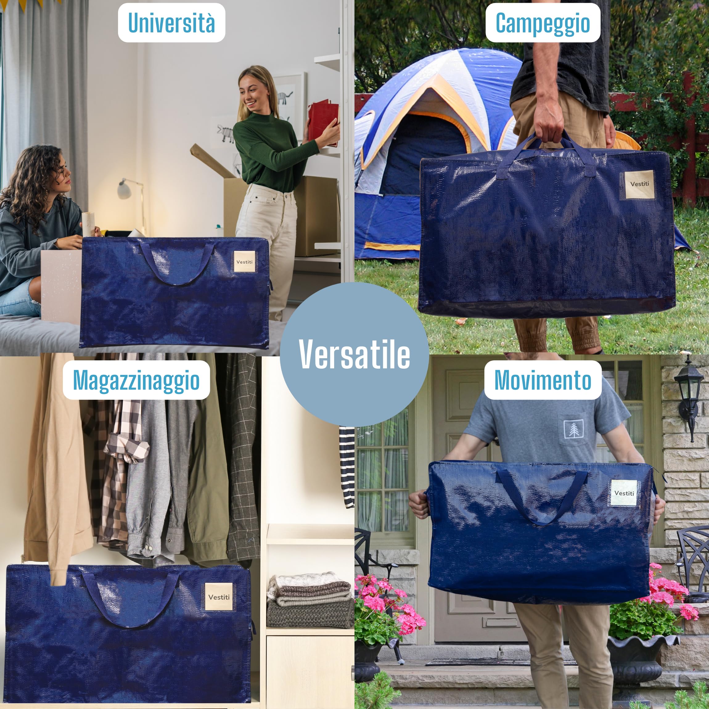 VENO Set da 6 Borsa da 100 l trasloco grandi con cerniere e manici rinforzati, resistenti scatole per trasloco, sacchi vestit per traslochi, stoccaggio, viaggi, campeggio (Blu, Set da 6)