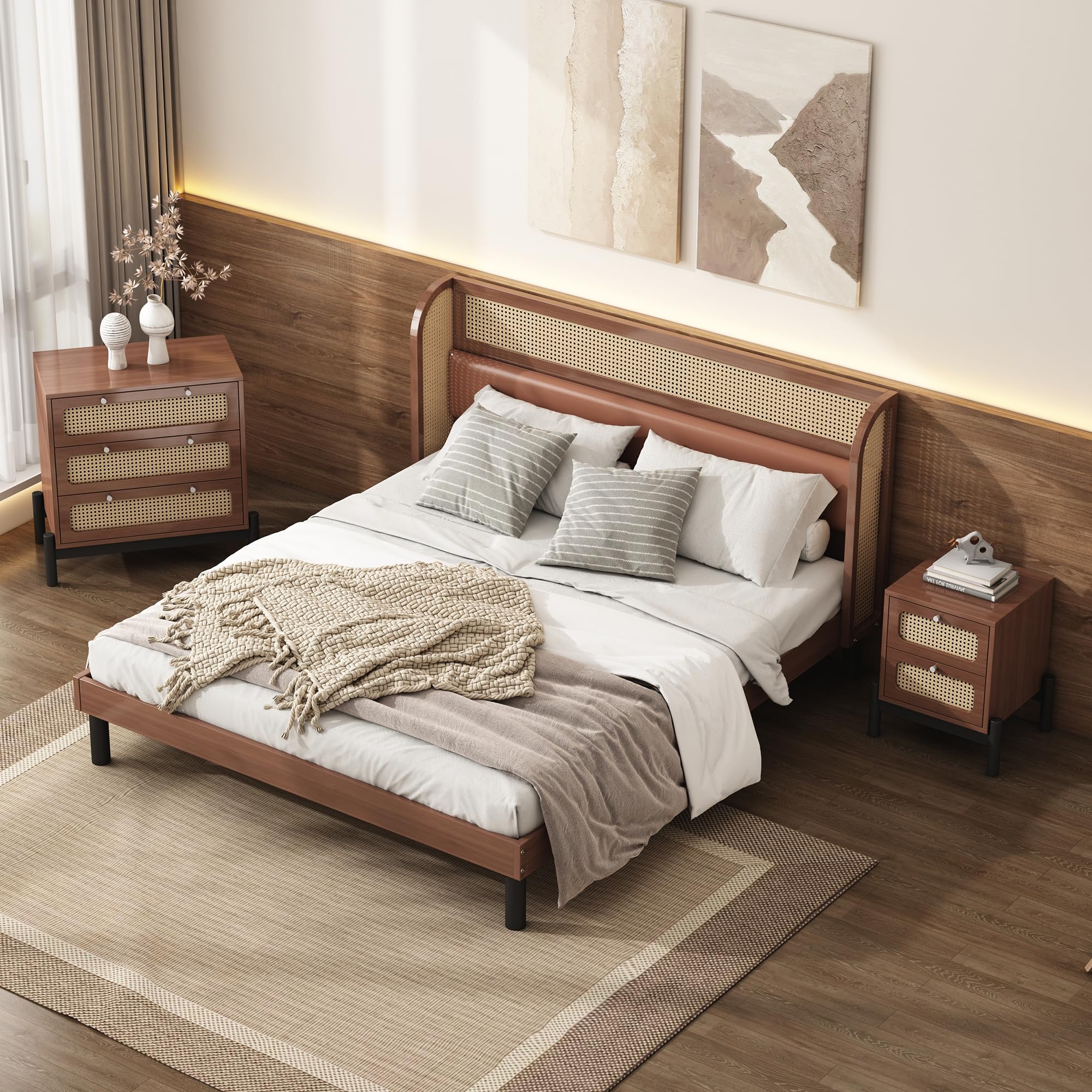 Set di 3 camere da letto complete, in rattan moderno, letto matrimoniale, comodino+cassettiera, 160 x 200 cm, letto matrimoniale con imbottitura in poliuretano e rattan, comodino con 2 cassetti,