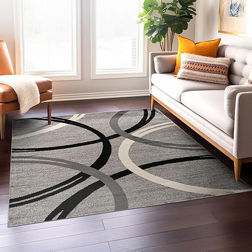 Miniatura 265 de Rugshop - Alfombra moderna con diseño de círculos ondulados Negro -,Azul,Marrón,Gris,Rojo -,Amarillo