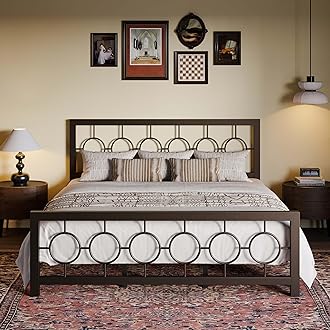 SHA CERLIN King Size Metal Bed Frame with Vintage Circular Design Headboard and Footboard,No Box Spring Required, Easy Assembly,Noise-Free,Brown