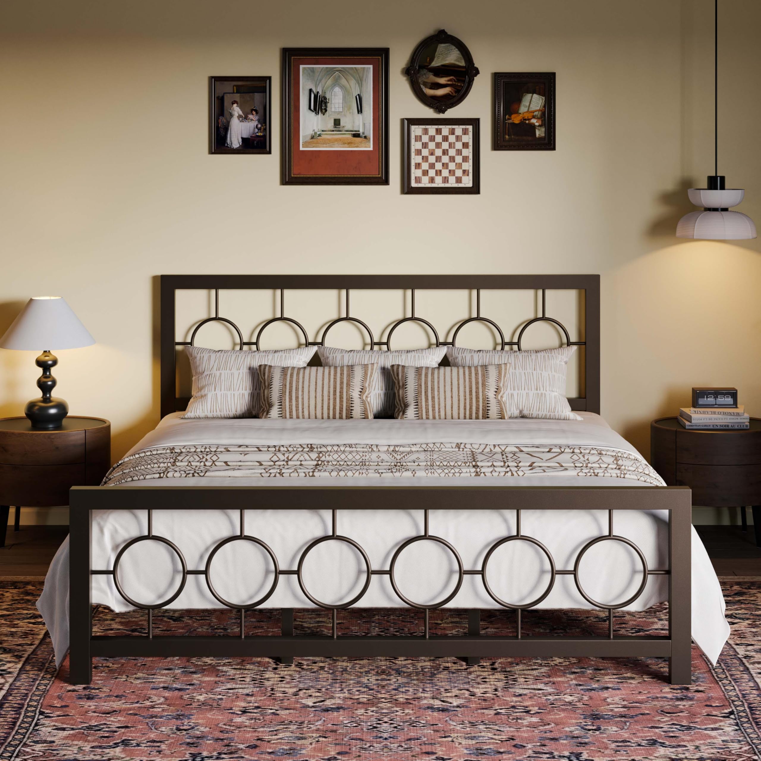 SHA CERLIN King Size Metal Bed Frame with Vintage Circular Design Headboard and Footboard,No Box Spring Required, Easy Assembly,Noise-Free,Brown