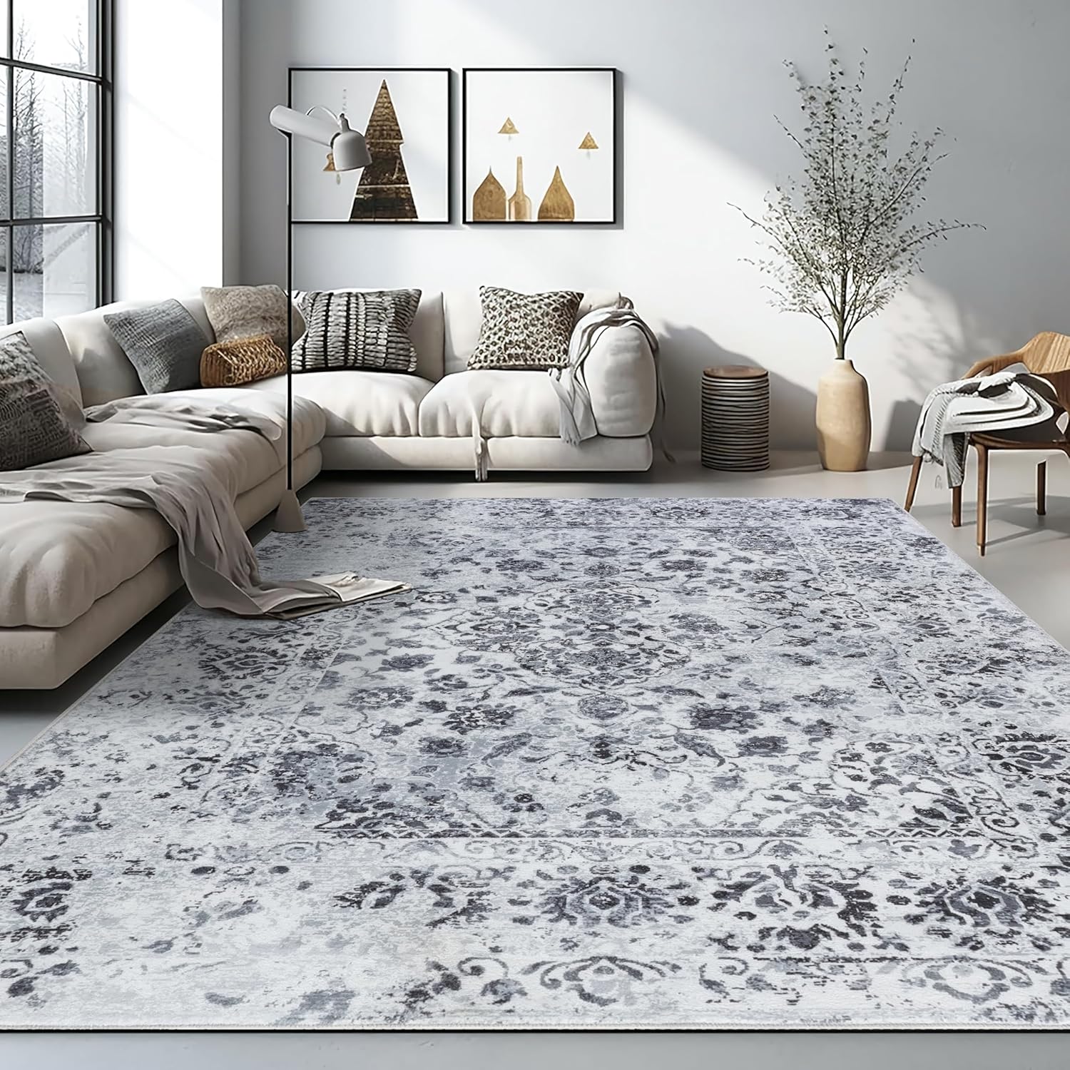 8x10 Area Rug - Vintage Floral Style for Indoor Spaces -Soft, Washable, Non Slip & Stain Resistant -Ideal for Living Room, Bedroom, Dining Room and Home Office, Black Vintage Floral Black 8' x 10' (Rectangular)