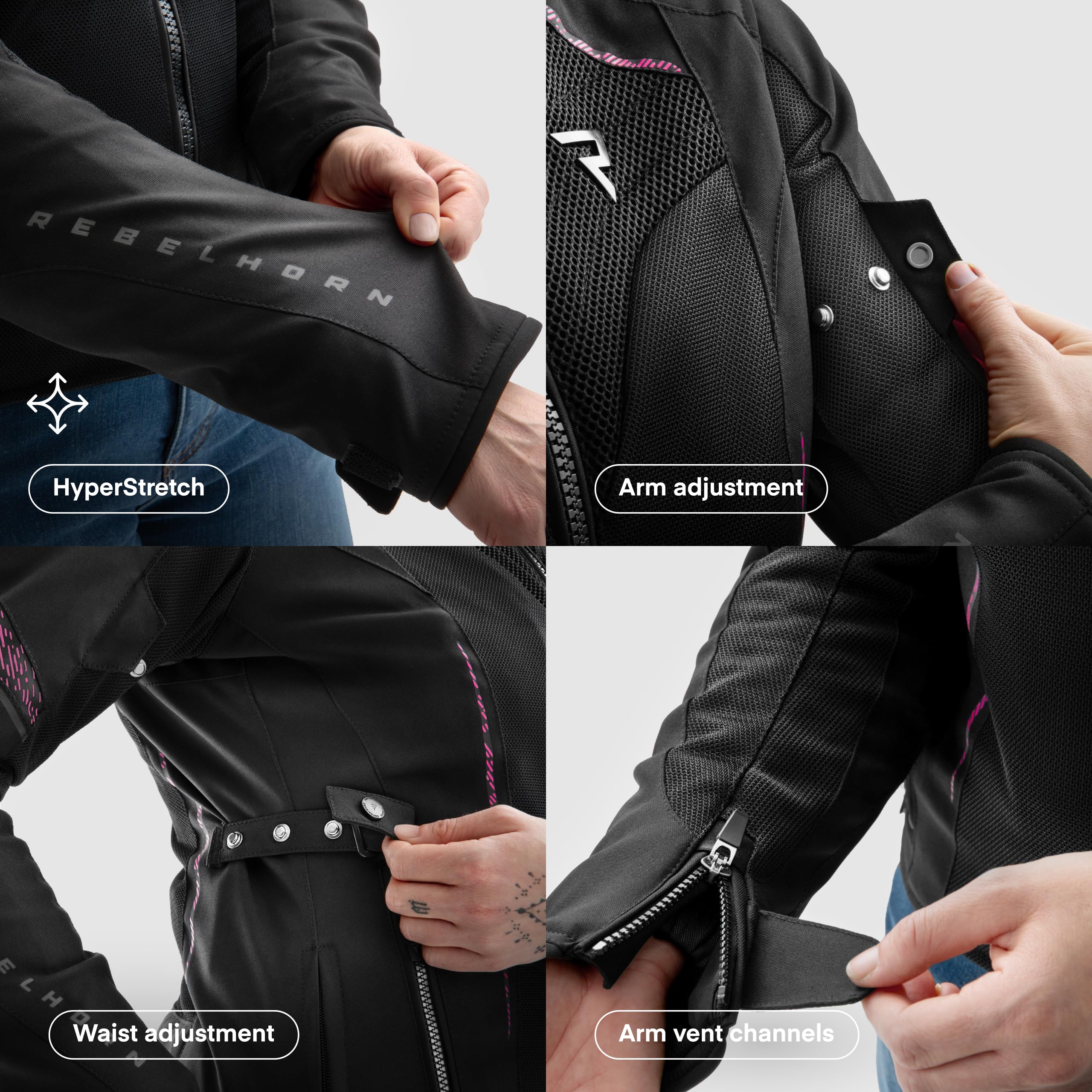 REBELHORN Jax Lady Motorradjacke Damen | Textil | Ellbogen, Schulter und Rückenprotektor Stufe 2 | Abnehmbar Humax Membran | Große Mesh Belüftungspaneele | Größen bis 10XL