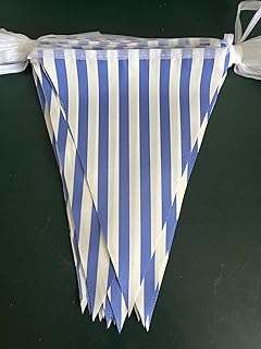 Banderín de rayas azules y blancas de 65.6 ft de 66 pies, banderines a rayas, tela de doble cara, guirnaldas triangulares de maricones para decoración de fiesta de cumpleaños, baby shower