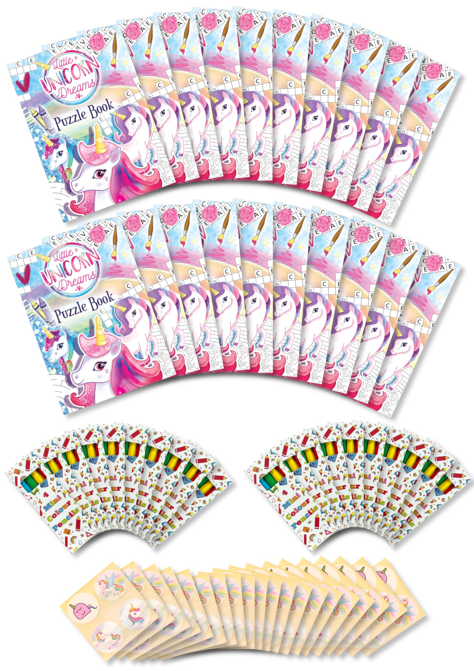 Anila's Assortment of 20 Unicorn Themed Activity Books with colouring & Puzzles, 20 Sheets of Stickers & 20 Pencils, Children Birthday Party Favours Bag Fillers, School Classrooms. — image 1