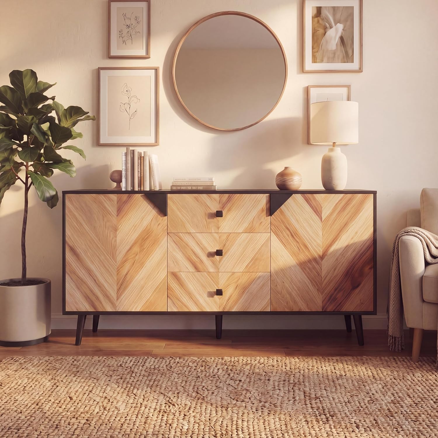 Modern Wood Sideboard, Walnut & Black Finish, Chevron Pattern Storage Cabinet with Rust-Resistant Metal Frame, Multi-Functional Nordic TV Stand & Entryway Console for Living Room & Dining Room