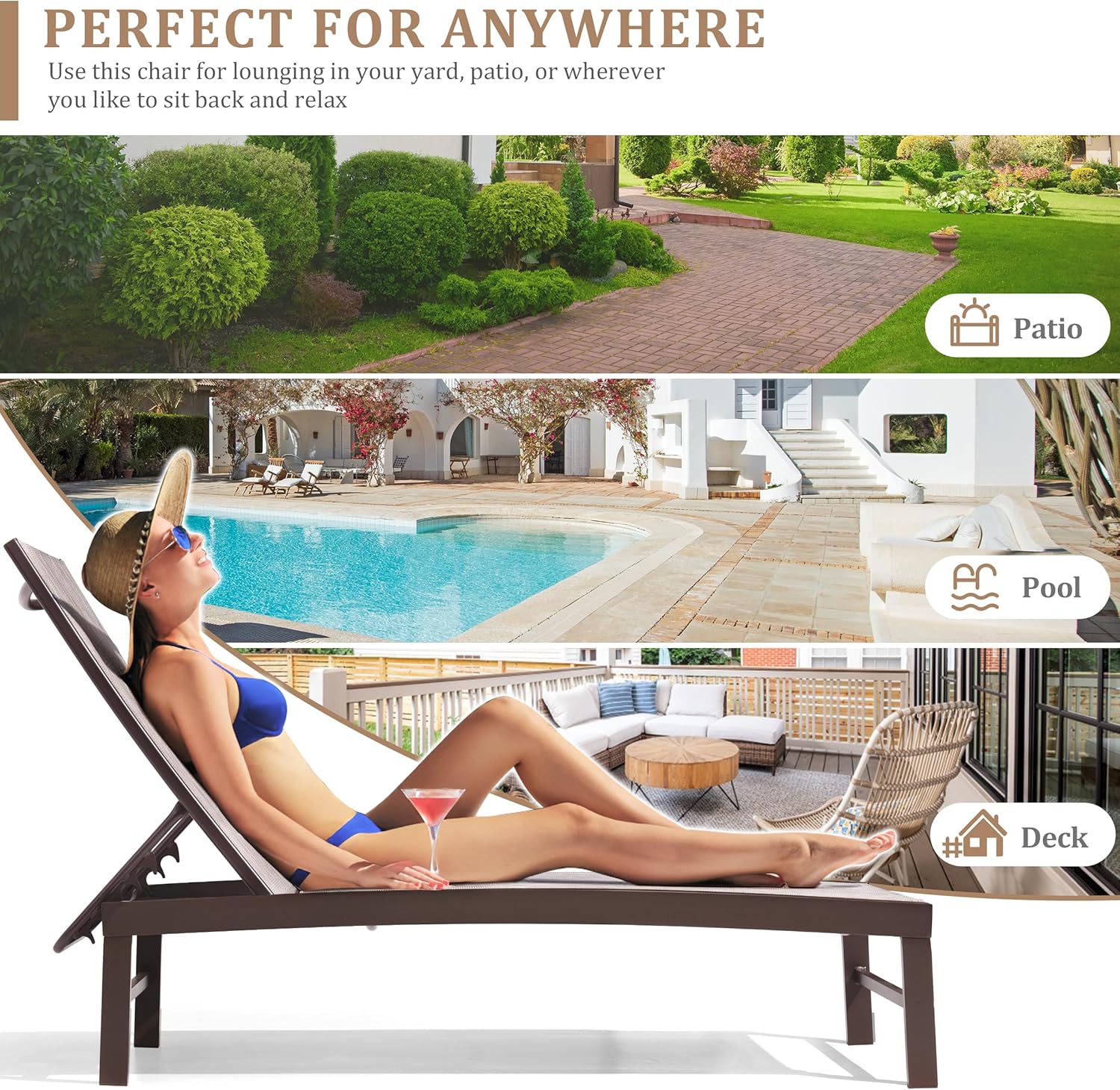 Patio Aluminum Chaise Lounge Chair, Set of 2 Outdoor Recliner Lounge Chair Sun Loungers, All Weather Chaise with 5 Adjustable Backrest and Lay Flat Positions for Garden, Balcony, Pool