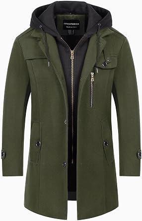 CREATMO US Mens Classic Pea Coat Wool Blend Trench Coat Windproof Business Overcoat With Detachable Hood