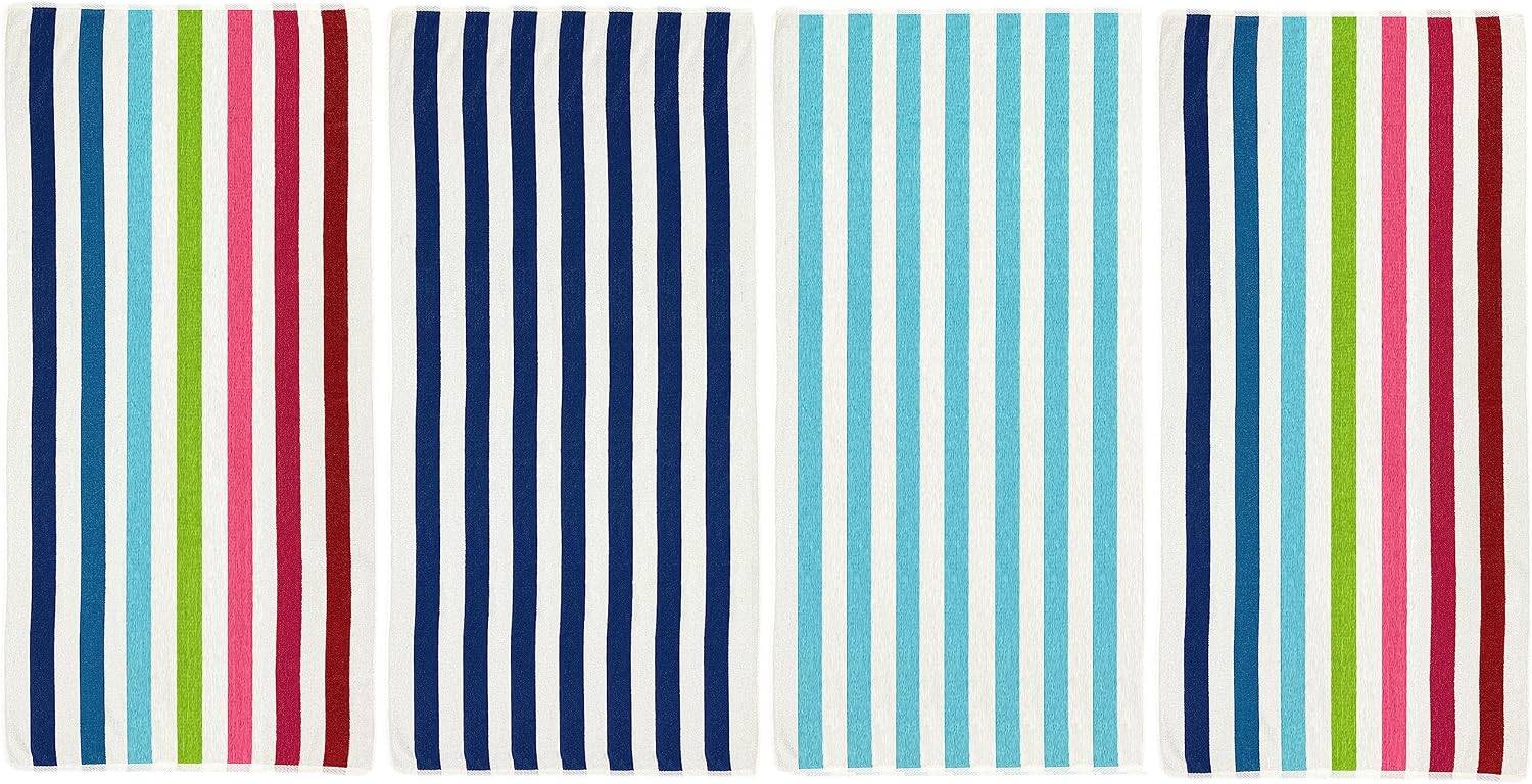 Kaufman - Soft 100% Yarn Dye Cotton Terry Towel Stripe Beach Towels or Pool Towels 4-Pack