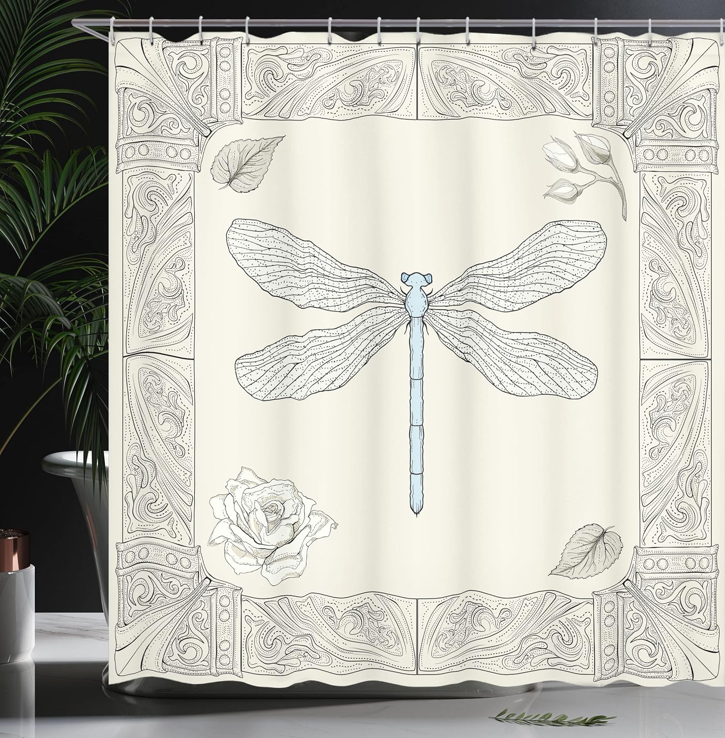 Ambesonne Dragonfly Shower Curtain, Hand Drawn Royal Style Rose Petals Leaves and Ornate Design, Cloth Fabric Bathroom Decor Set with Hooks, 69" W x 84" L, Black Pale Blue