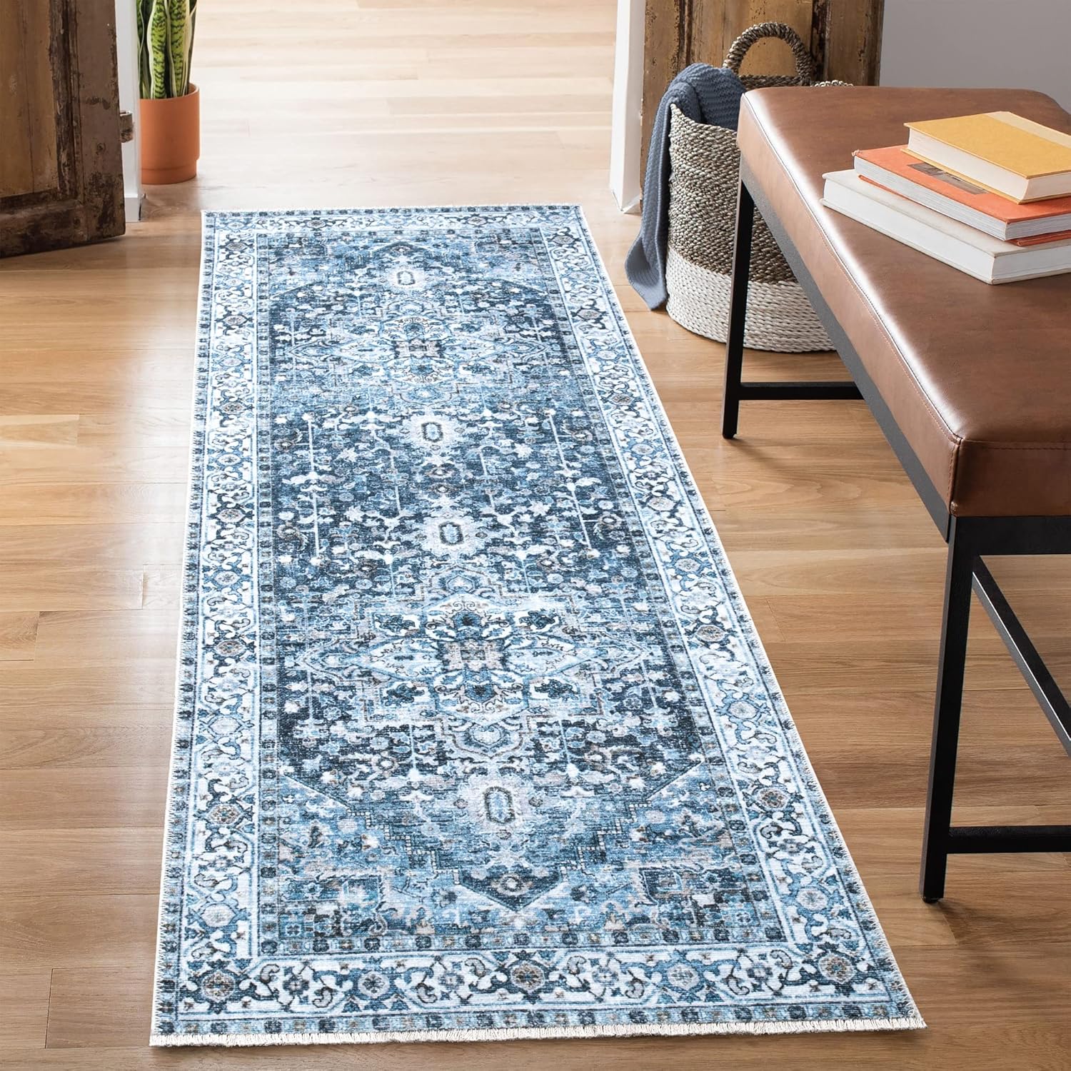 Bloom Rugs Caria Washable Non-Slip 7 ft Runner - Navy Blue Traditional Runner for Entryway, Hallway, Bathroom, and Kitchen - Exact Size: 2'6" x 7'