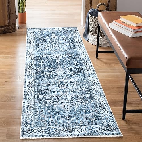 Bloom Rugs Caria - Alfombra de pasillo lavable antideslizante de 7 pies, color azul marino tradicional persa para entrada, pasillo, baño y cocina,