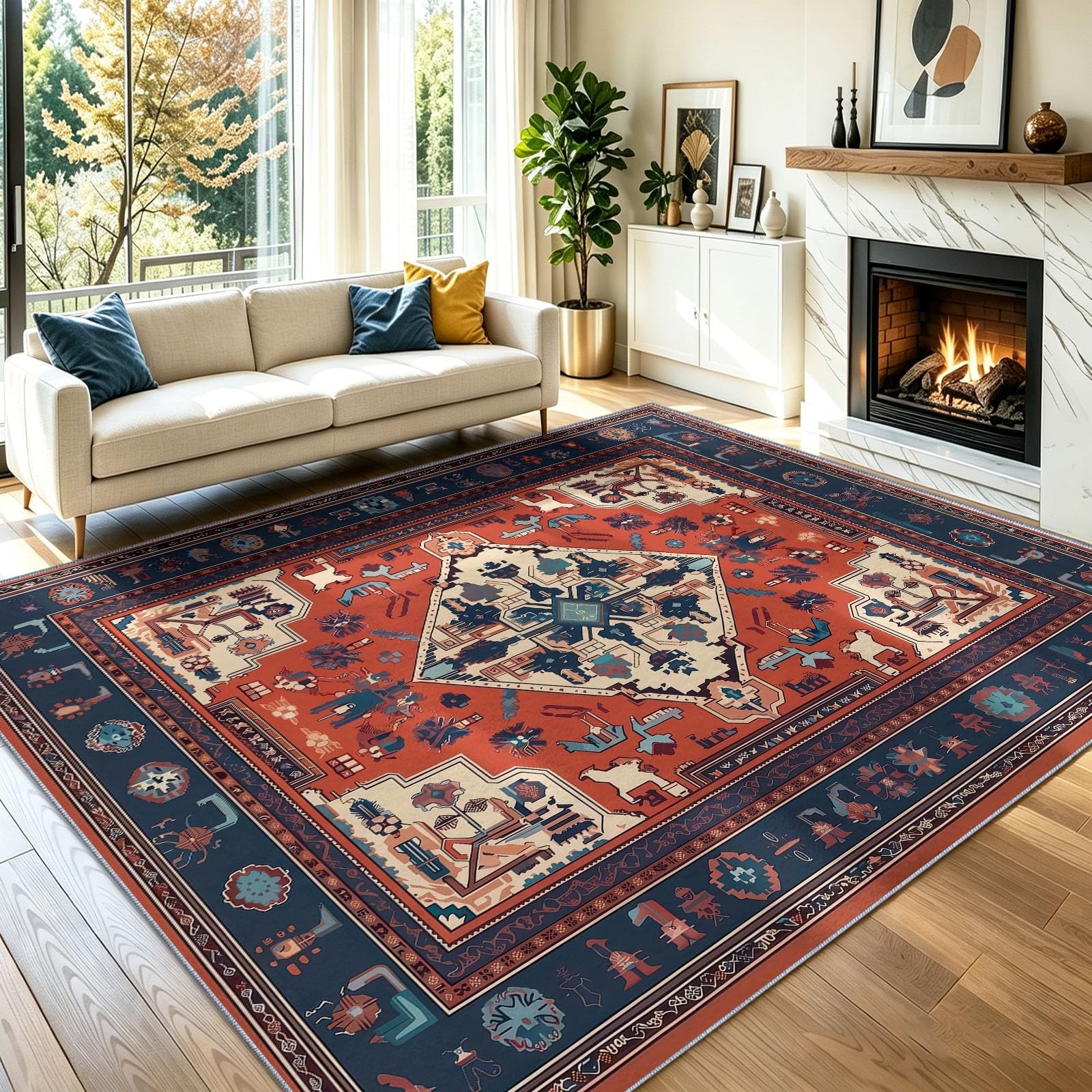 Teppich Wohnzimmer 120 x 160 cm Waschbarer Klassisch Amerikanisch kurzflor rutschfest Weich Vintage-Muster Klassisch Rot-Blau Teppiche für Schlafzimmer Küchen Esszimmer Bedroom Living Room, Rot