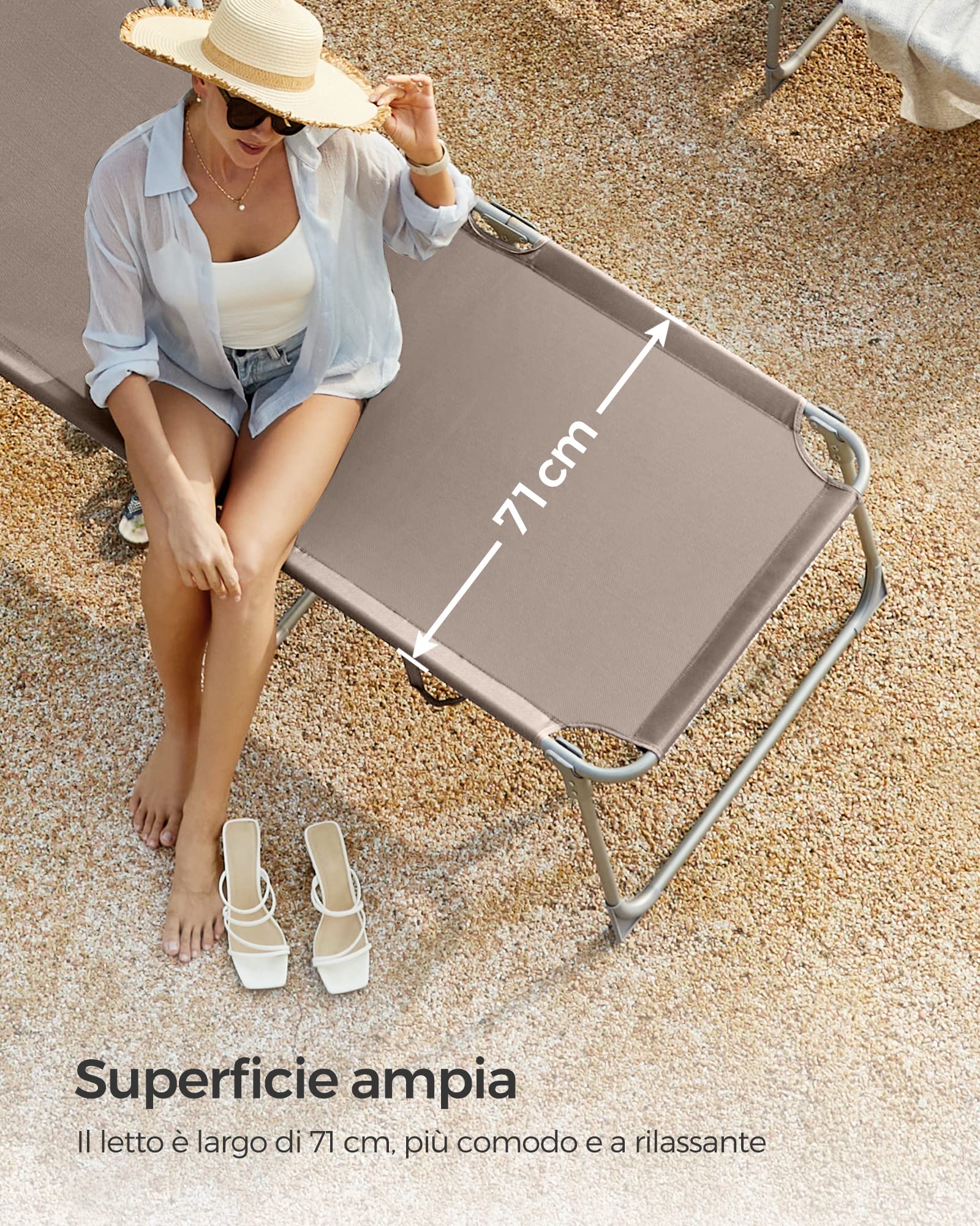 SONGMICS Lettino Prendisole Largo, Sedia a Sdraio Pieghevole, 71 x 200 x 38 cm, Max Portata 150 kg, con Poggiatesta Parasole e Schienale Reclinabile, per Terrazzo Piscina Giardino, Tortora GCB022K01
