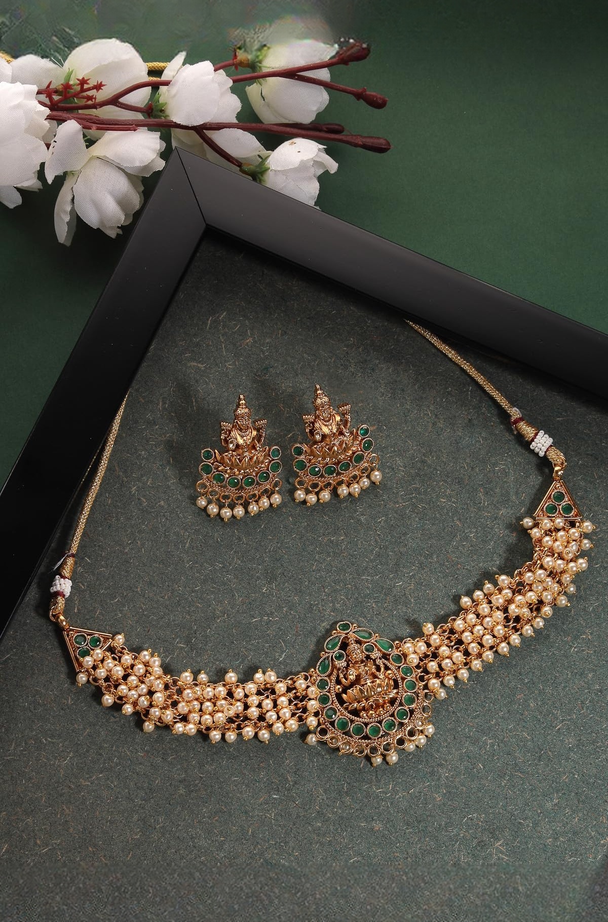 Sparkling Indian Temple Gold Plated Green Beads Choker Necklace Set With Studs Earring | Jewellery Set For Women (NS105622)