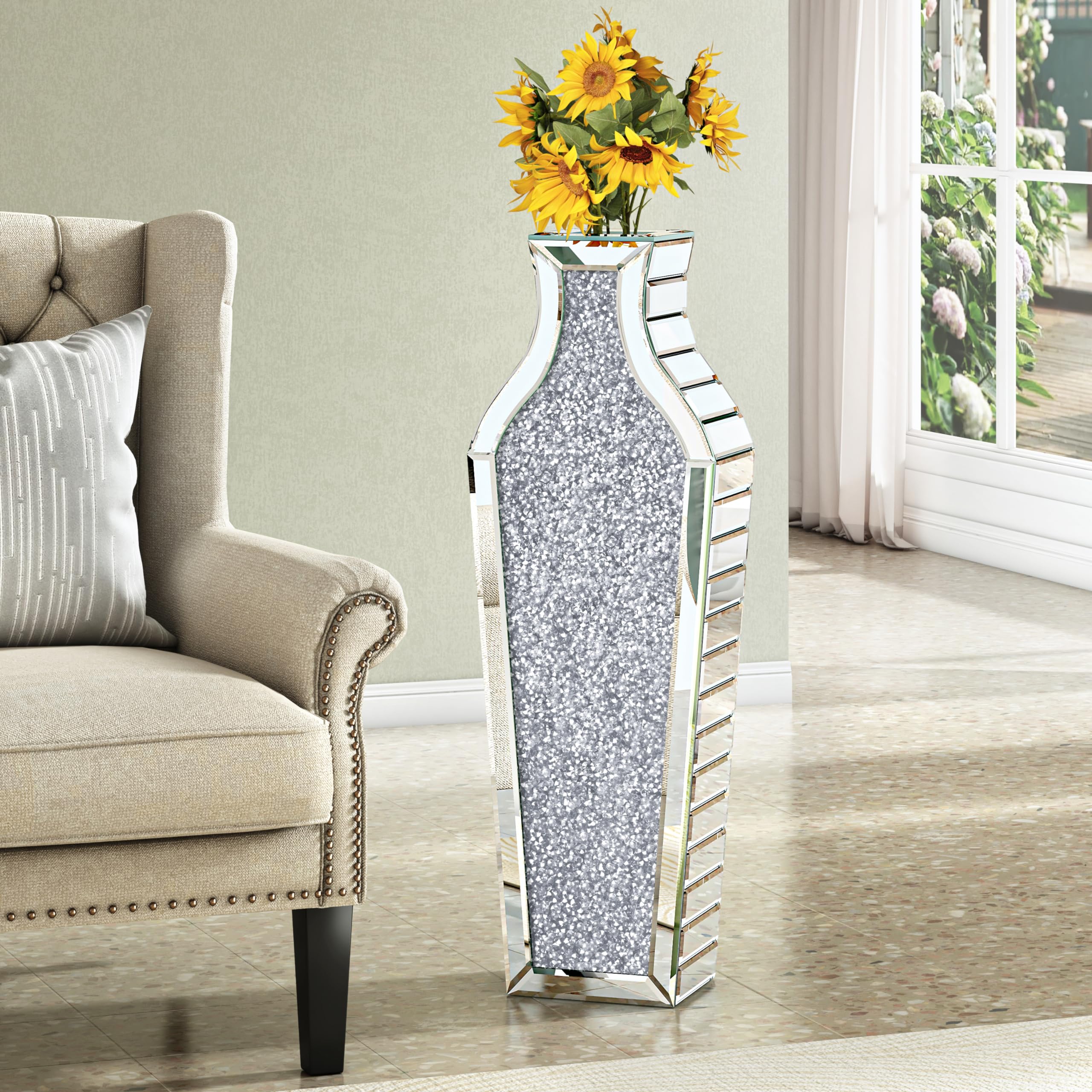 Jarrón grande de cristal de diamante triturado de 27 pulgadas de alto para decoración de sala de estar, jarrones grandes de vidrio