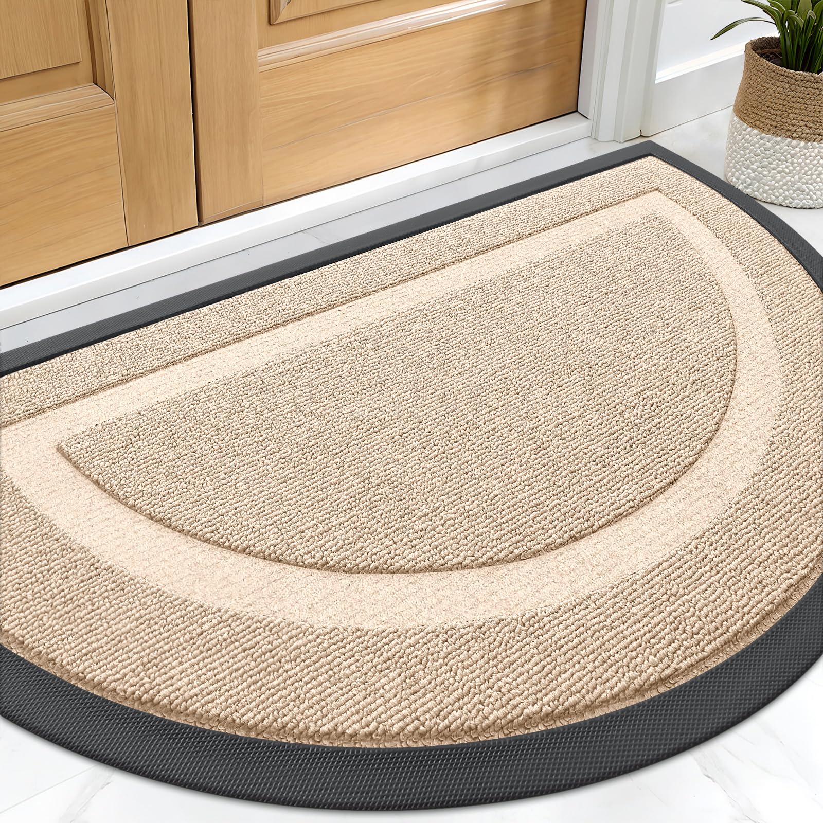OLANLY Half Circle Front Door Mat Outside 33x21 All-Season Rubber Doormat | Off-White, Absorbent, Heavy-Duty, Stain Fade Resistant, Waterproof Non-Slip Backing, Low-Profile Indoor Outdoor Entryway Mat